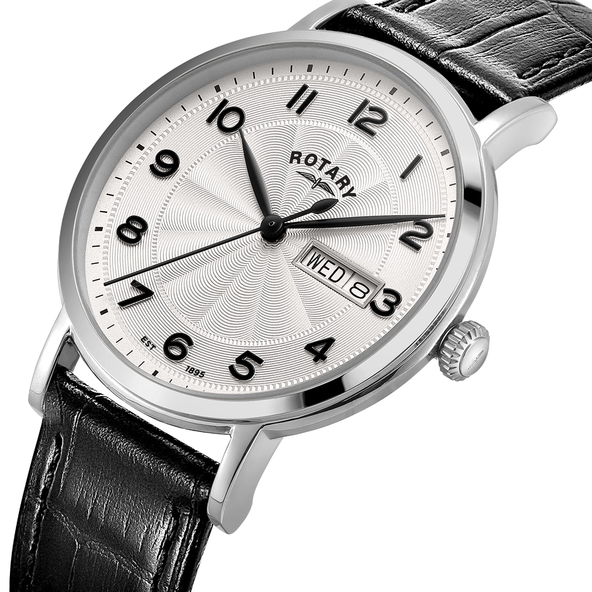 Rotary watch with black leather strap and silver case on a white background