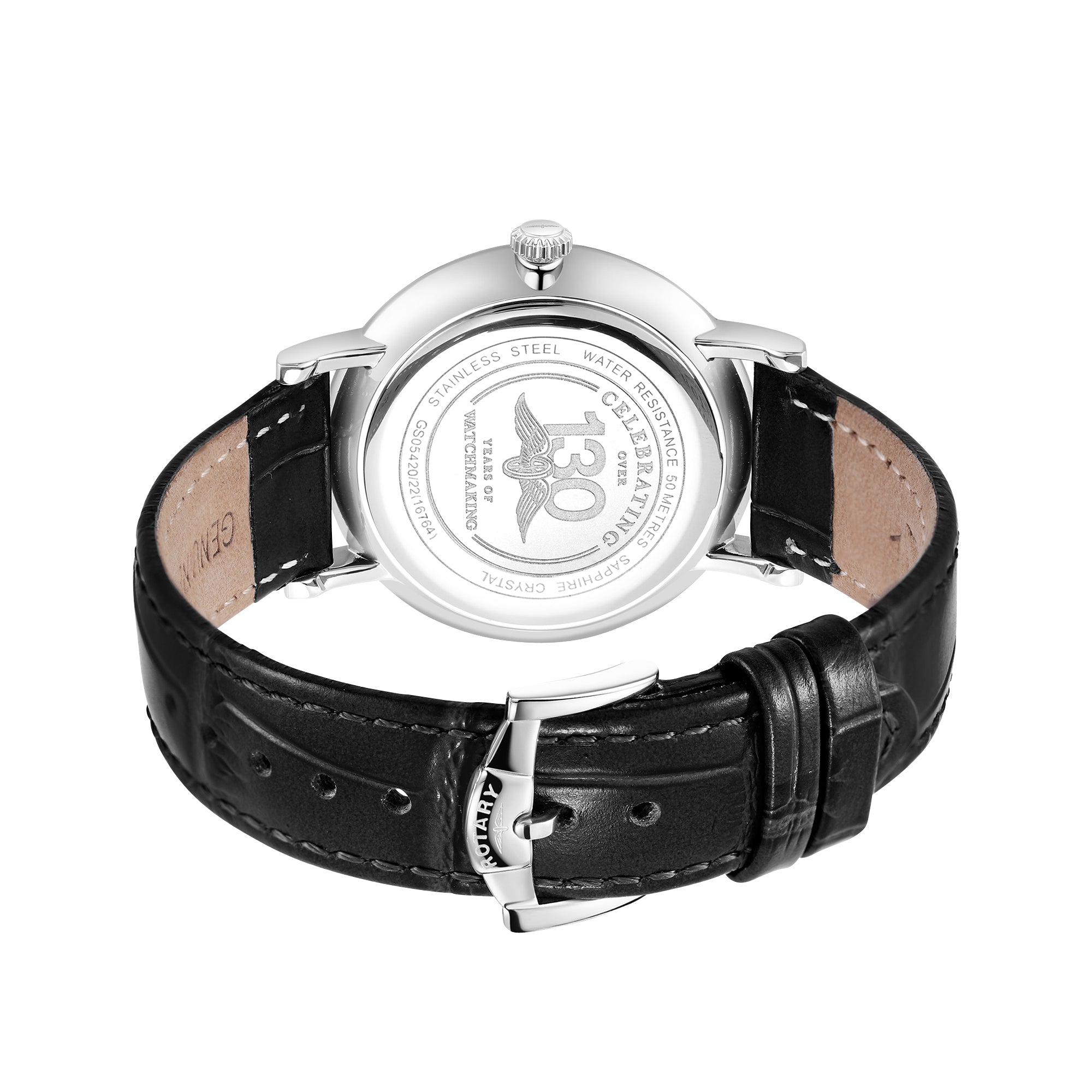 Rotary wristwatch with black leather strap and silver case on a white background