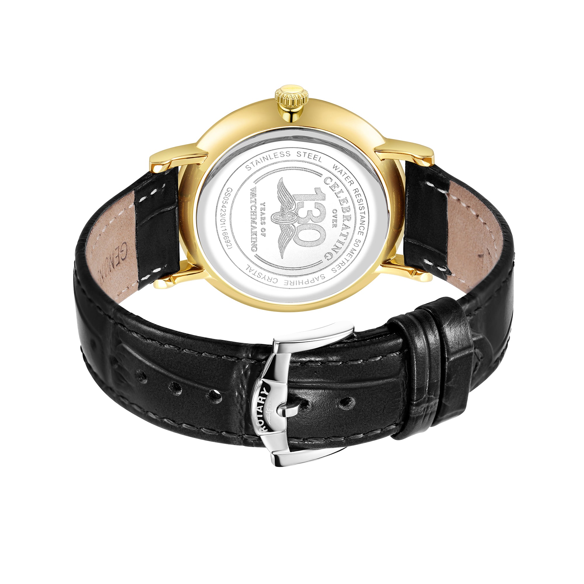Rotary wristwatch with black leather strap and gold case on a white background