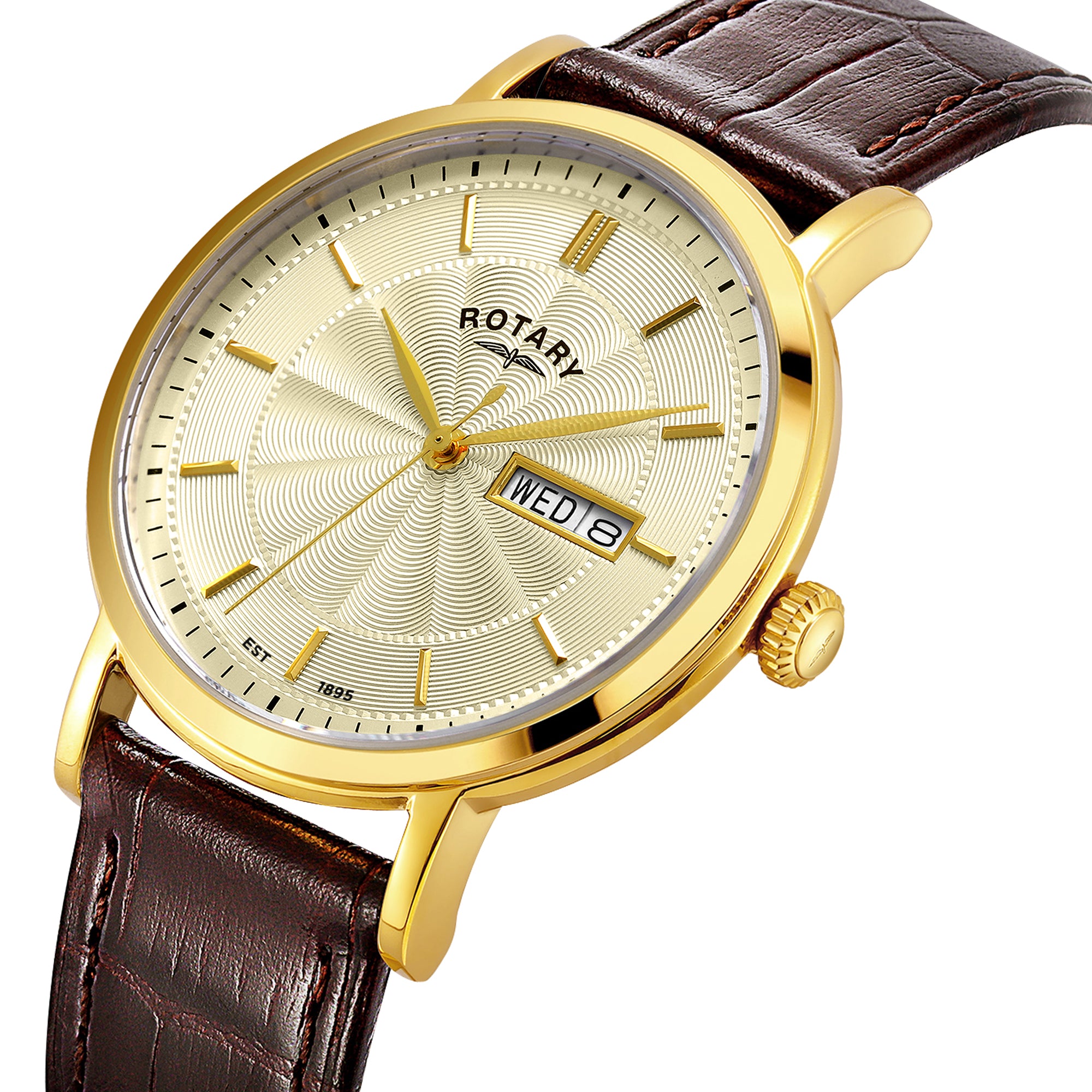 Rotary gold wristwatch with brown leather strap on a white background