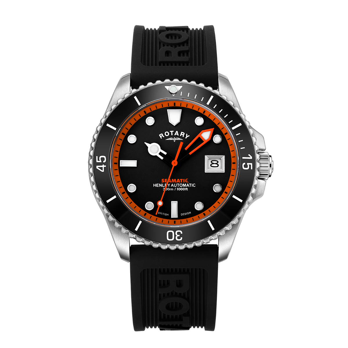 Black wristwatch with orange accents on a white background