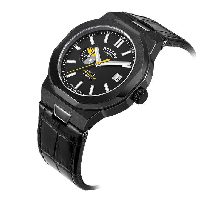 a rotary regent special edition watch featuring a black dial, black case and a black leather strap