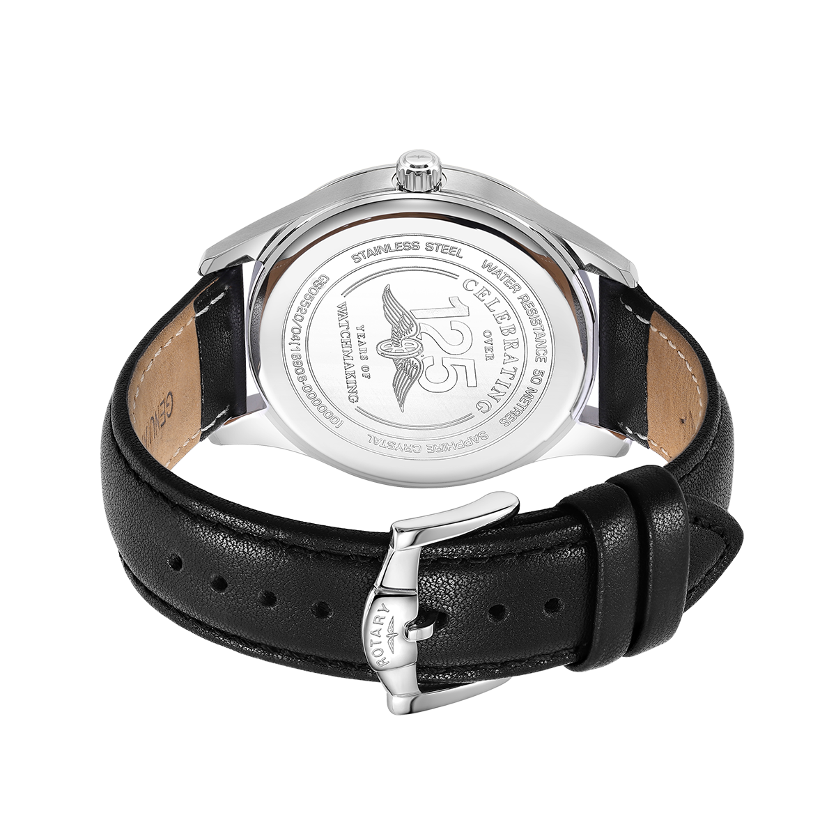 Rotary mens watch in stainless steel with a black leather strap