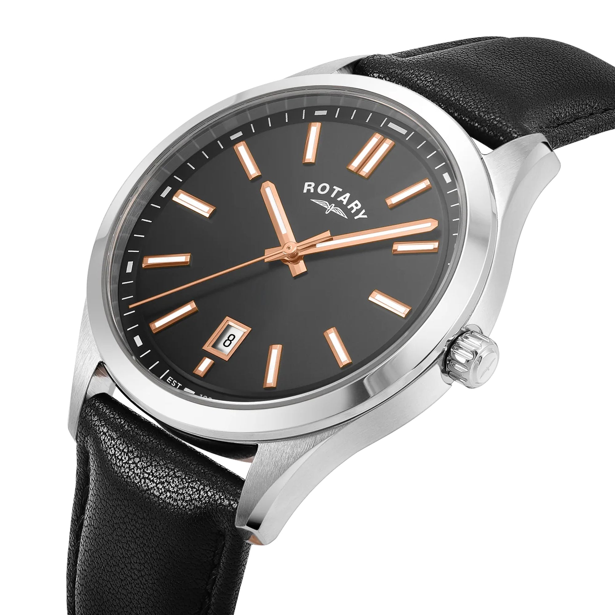 Rotary watch with black dial, rose gold hands, and black leather strap on a white background