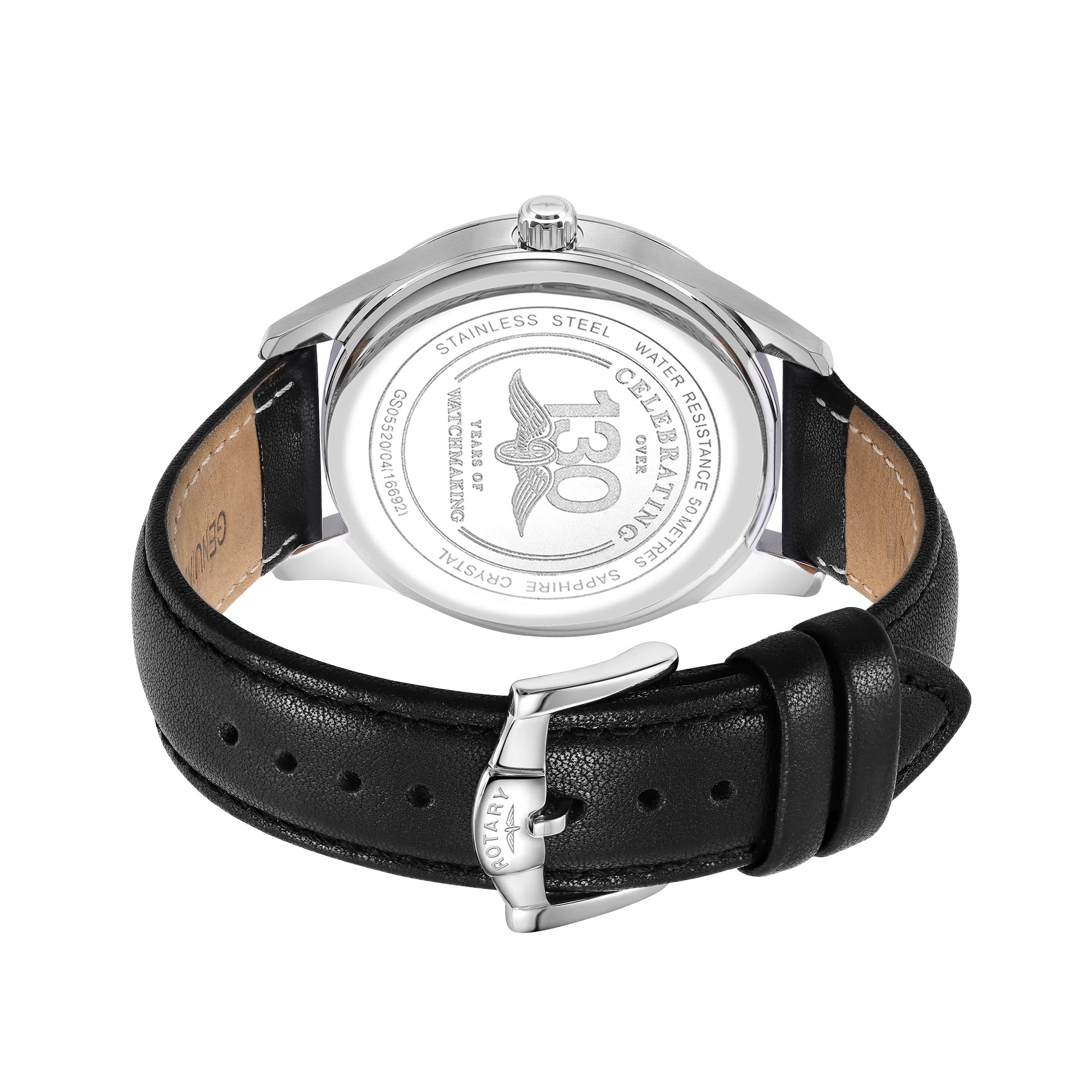 Close-up of a Rotary watch with a black strap and silver case on a white background