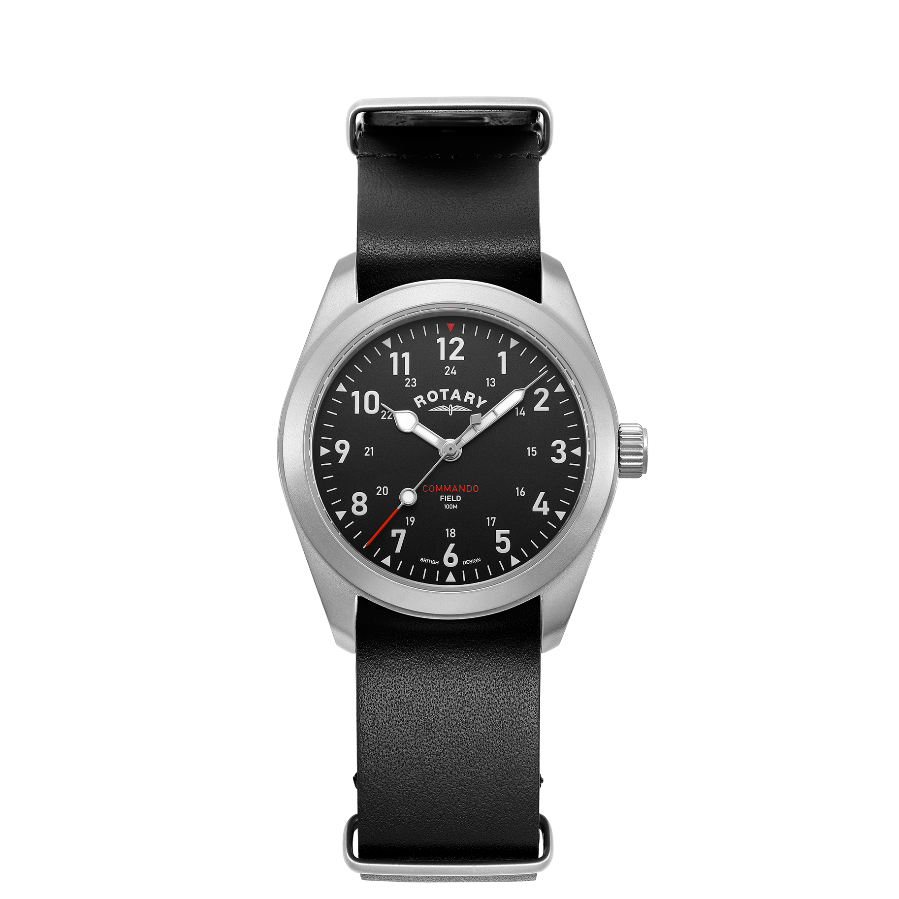 A Rotary Commando Field Watch with a black dial, sandblasted stainless steel case, and a black leather NATO strap.