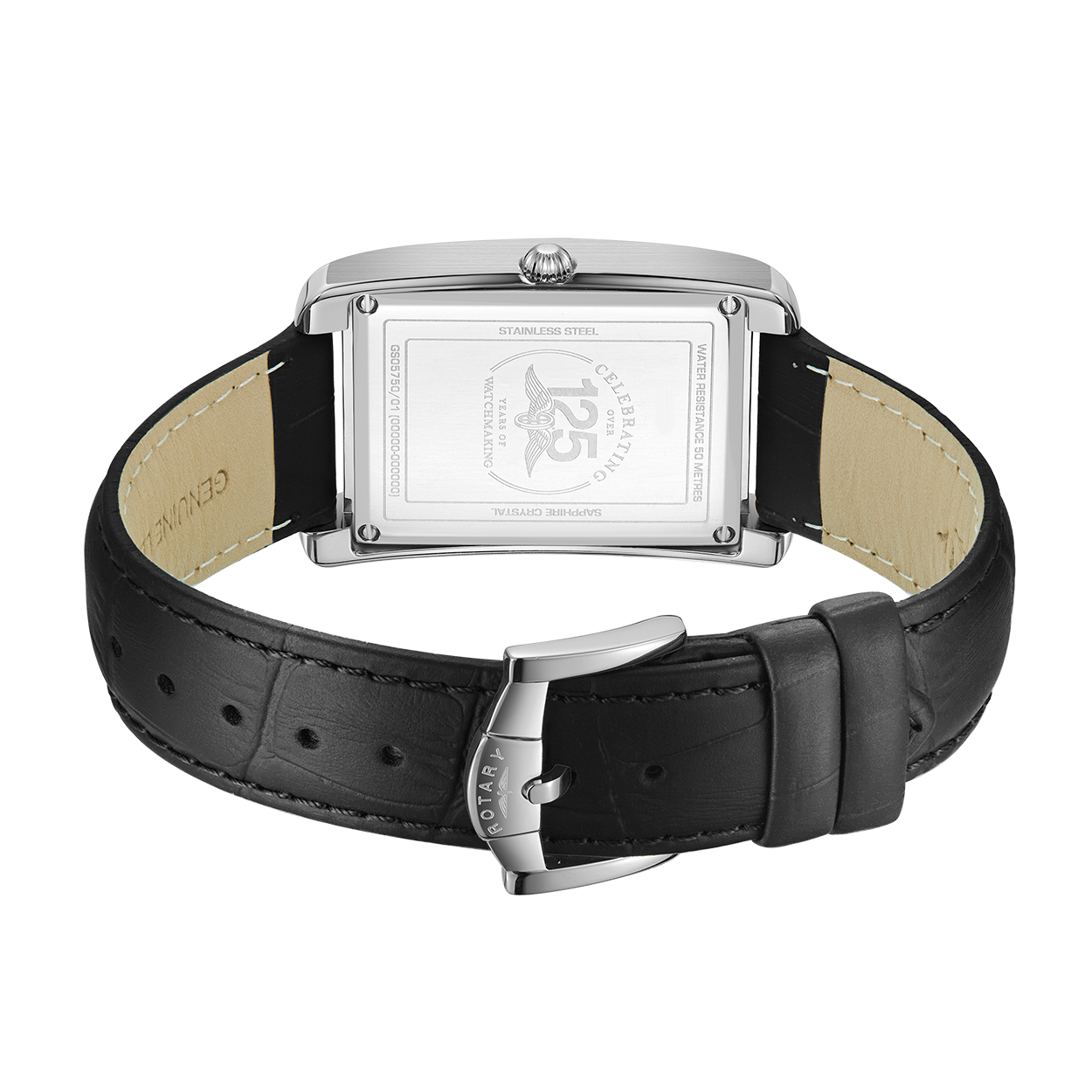 Rotary rectangular watch in stainless steel with a black leather strap