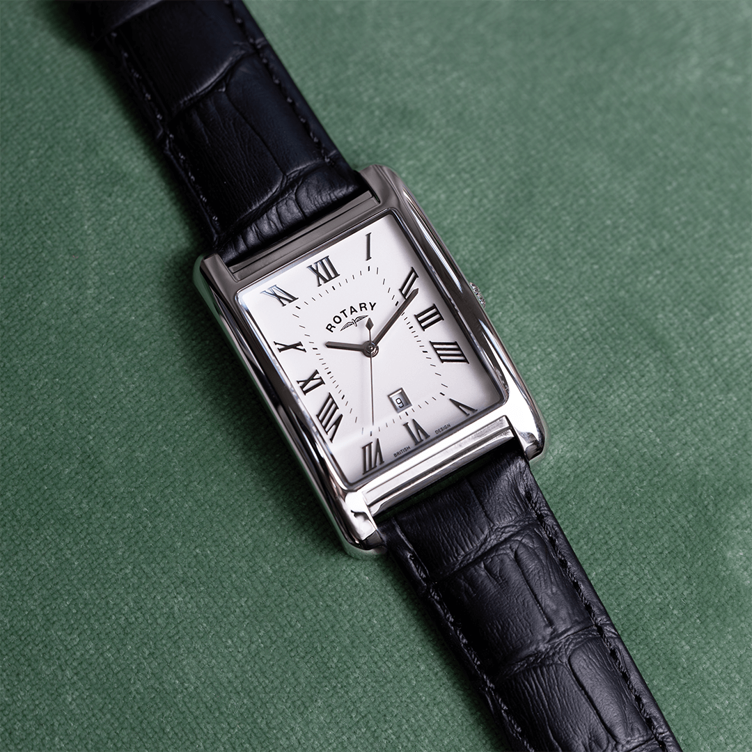 Rotary rectangular watch in stainless steel with a white dial and silver roman numerals