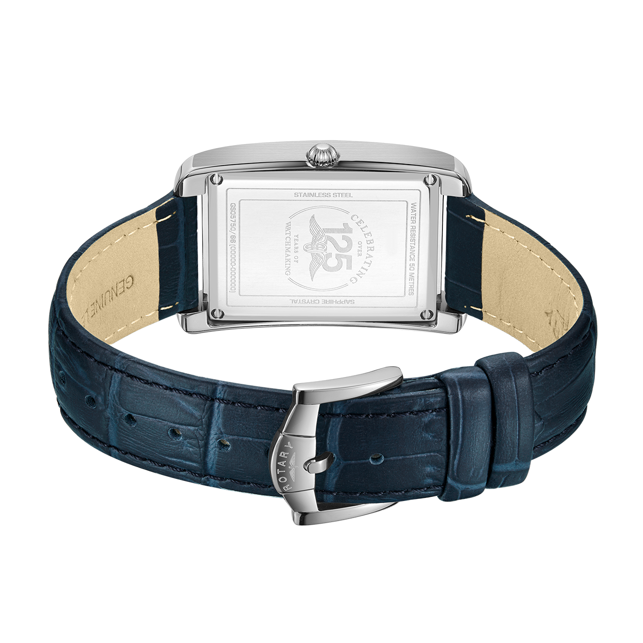 Rotary rectangular watch in stainless steel with a blue leather strap