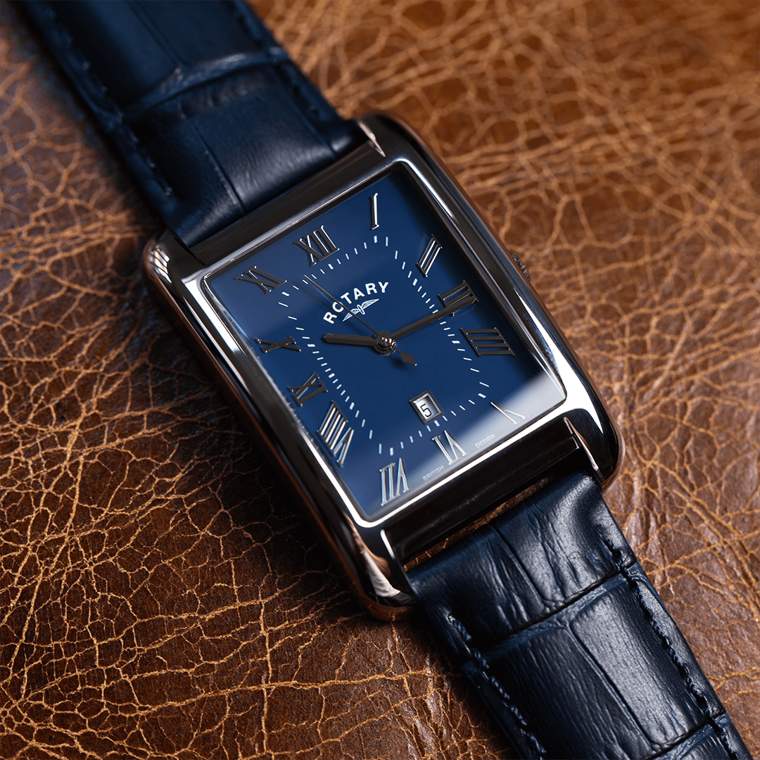 Rotary dress watch in stainless steel with a blue leather strap and blue dial