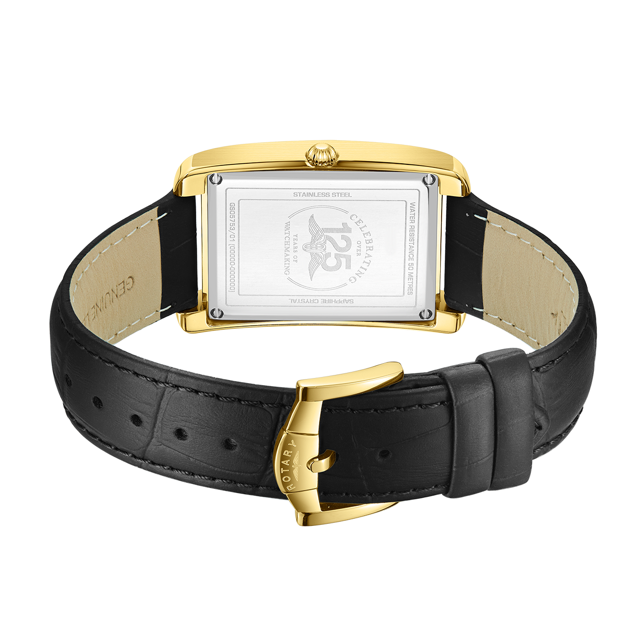 Rotary mens rectangular shaped watch in gold with a black leather strap and white dial. The watch also features applied roman numeral markers, a date window at 6 and three gold hands