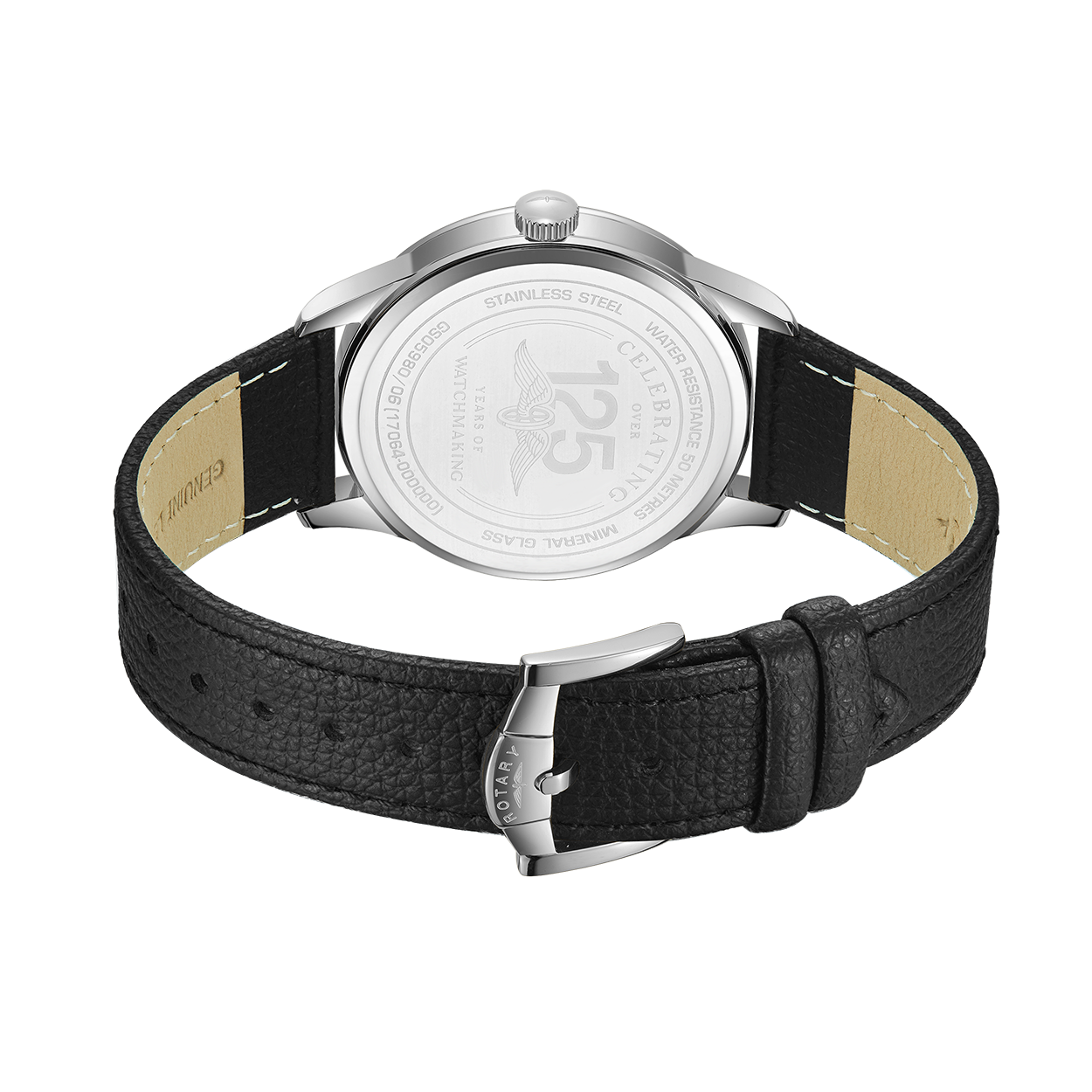 Rotary watch in stainless steel and black leather strap