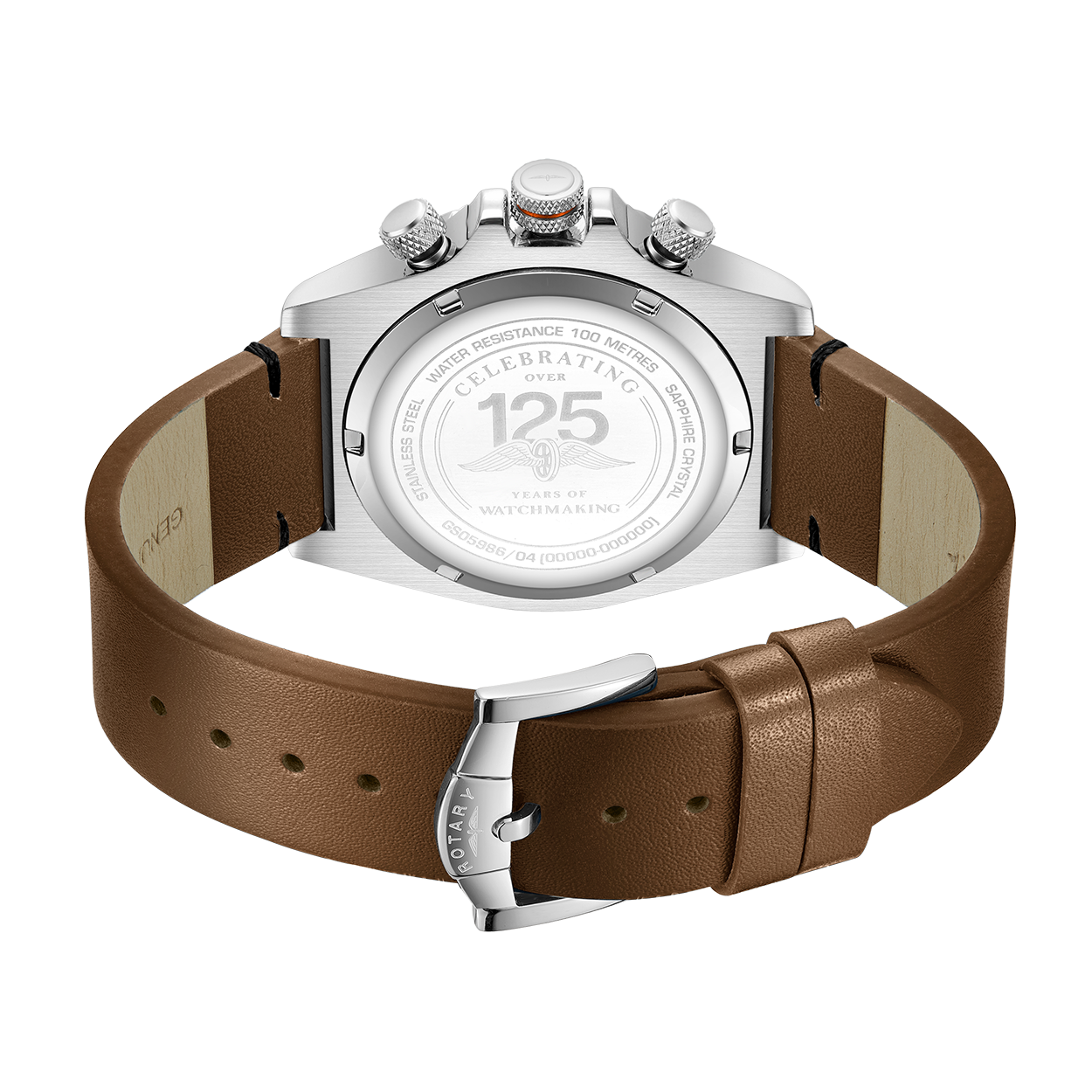 Rotary mens watch in stainless steel with a brown strap and 125 years of watchmaking caseback