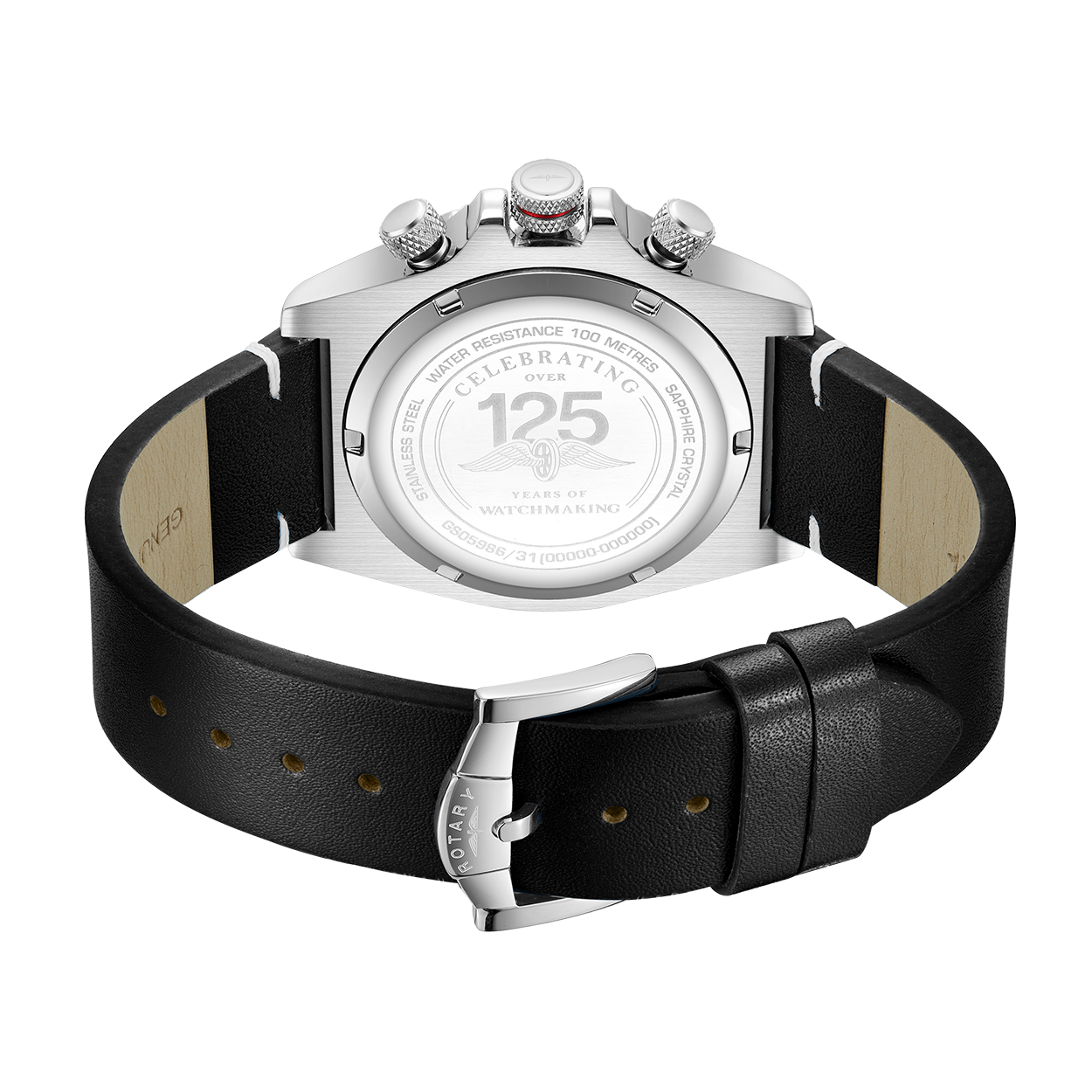 Rotary mens chronograph pilot watch in stainless steel with a black leather strap