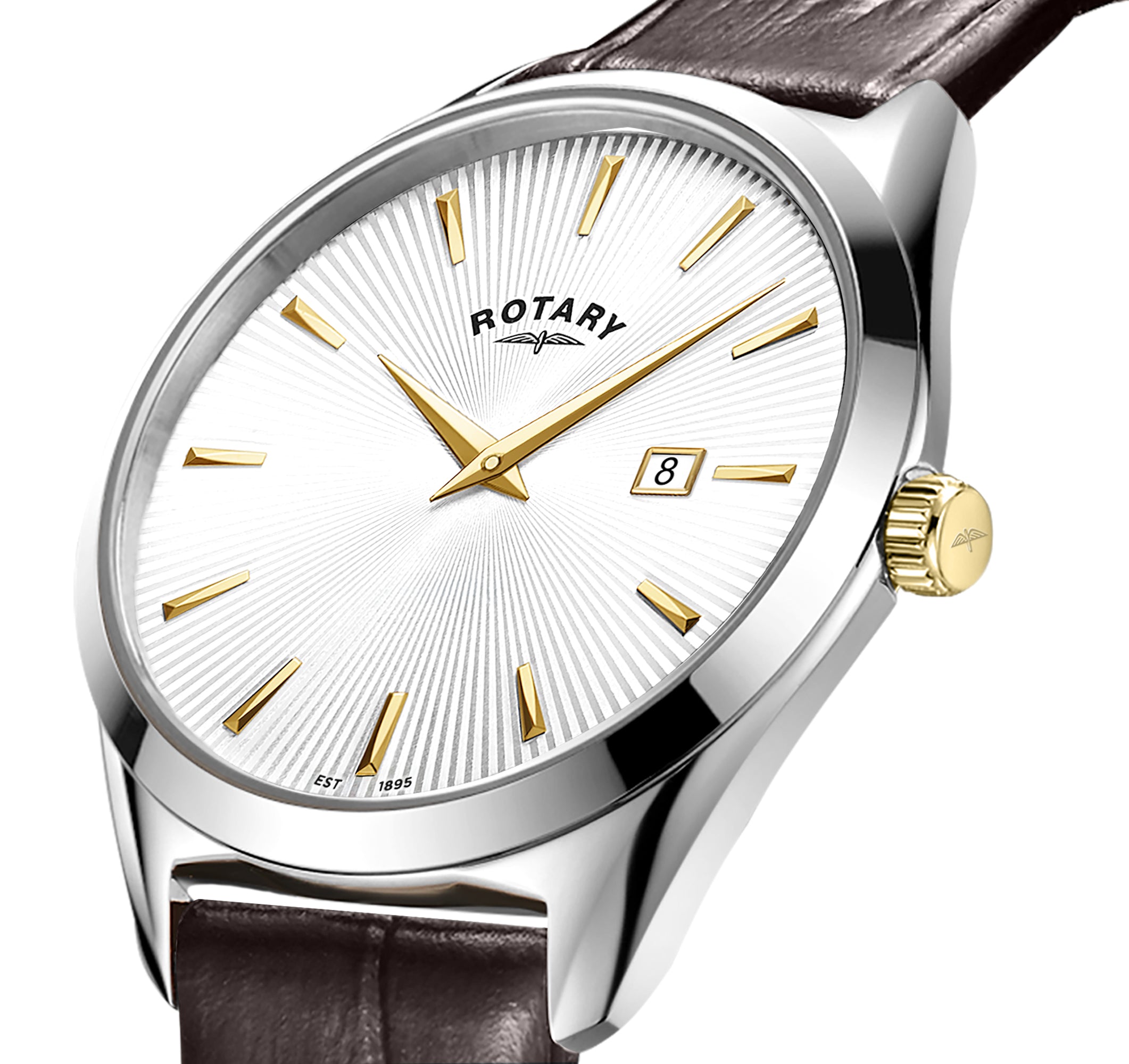 Rotary watch with a white face, gold hands, and brown leather strap on a white background