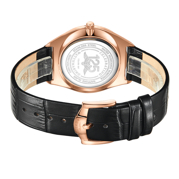 Rotary mens watch in rose gold with a black leather strap