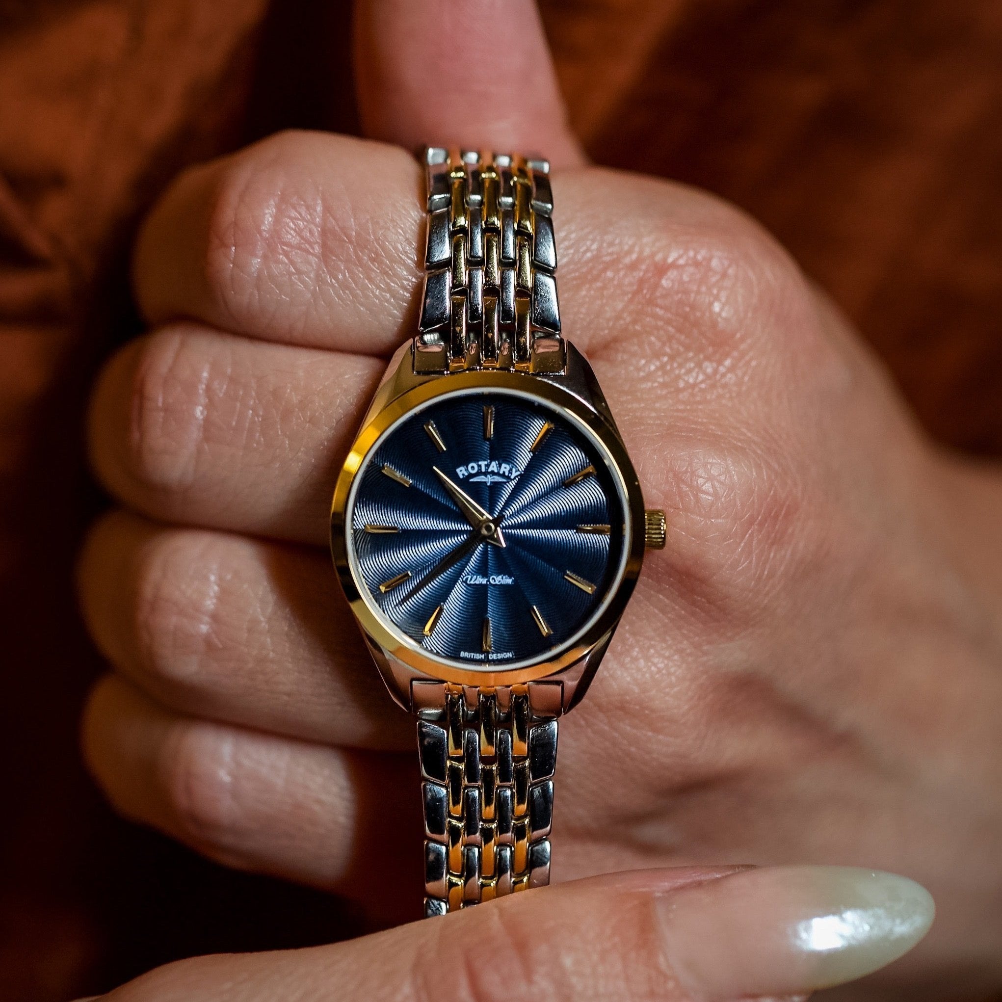 Rotary ladies ultra slim watch in two tone with a blue dial