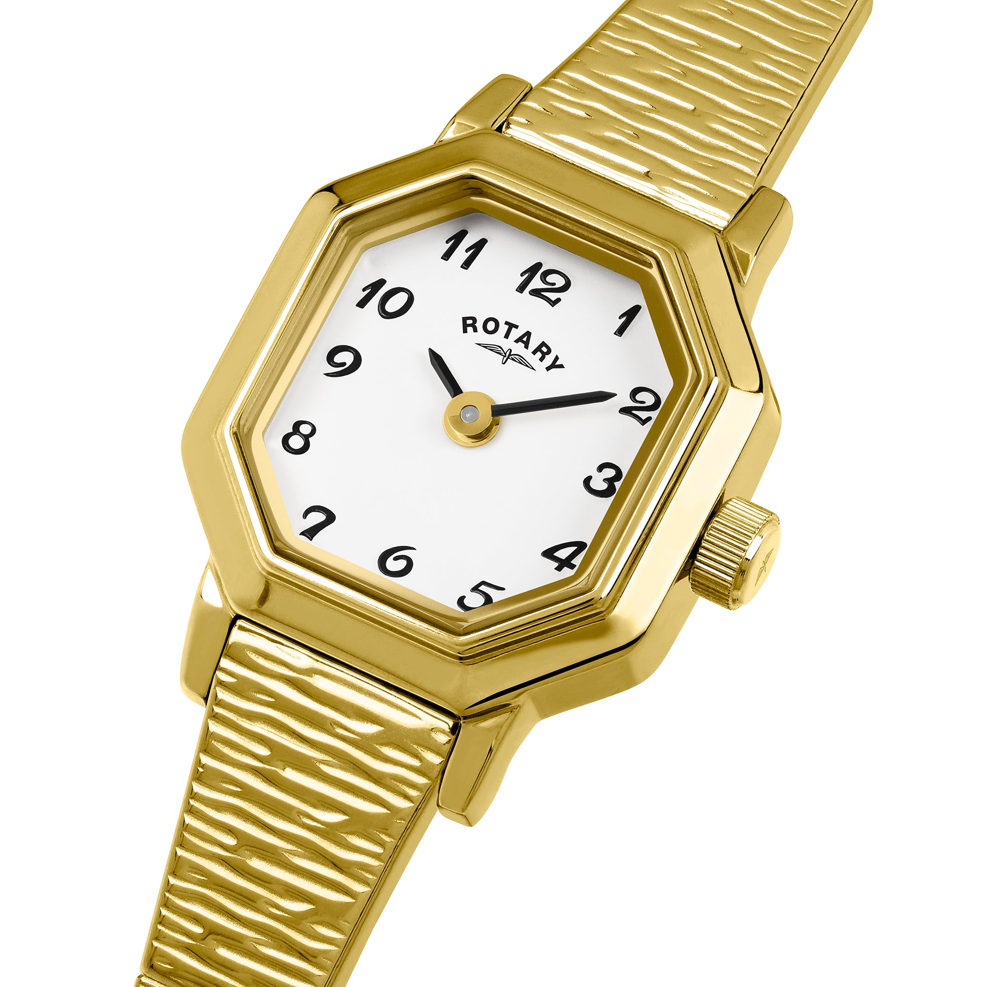 Gold Rotary wristwatch with a white face on a white background