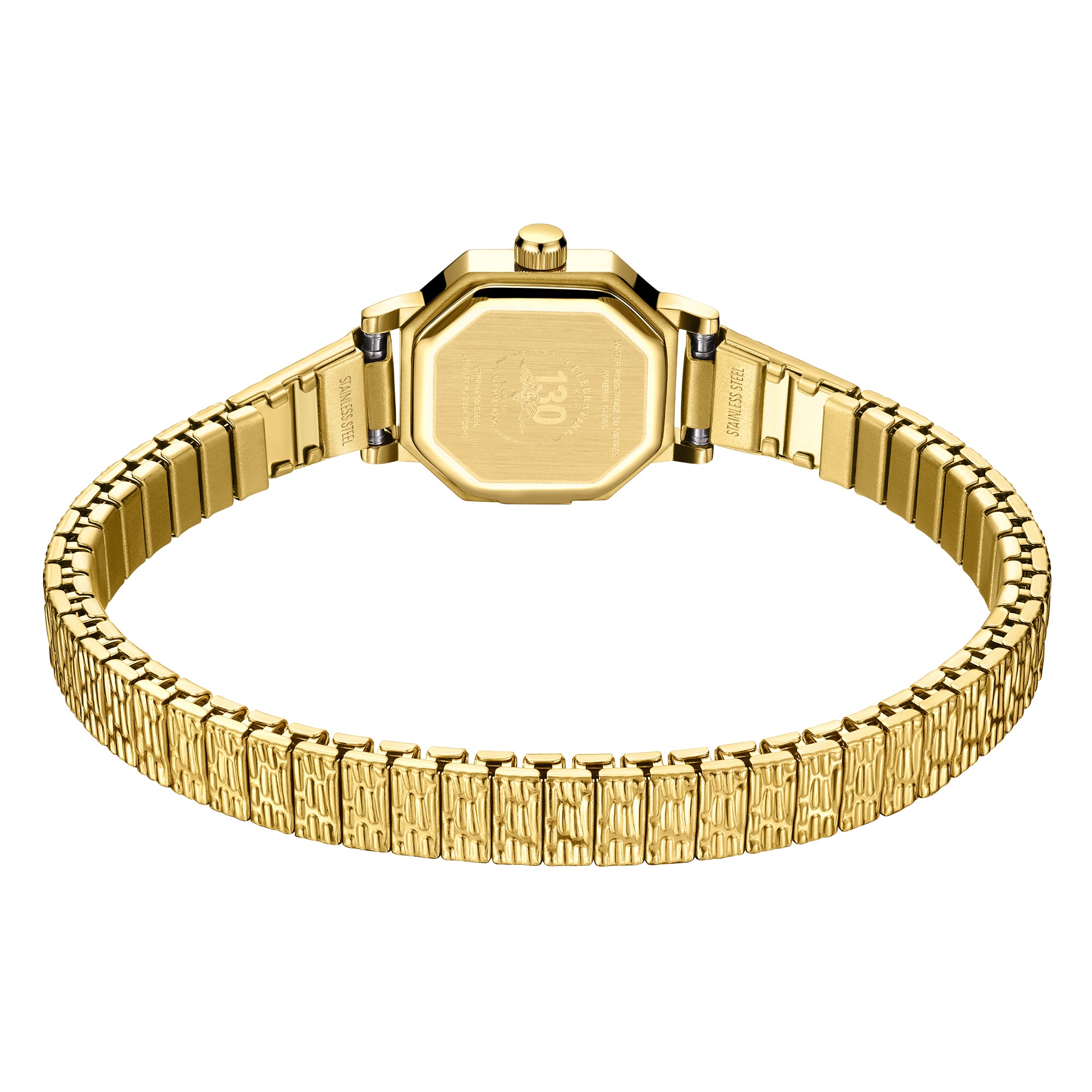 Gold Rotary watch with a textured bracelet on a white background