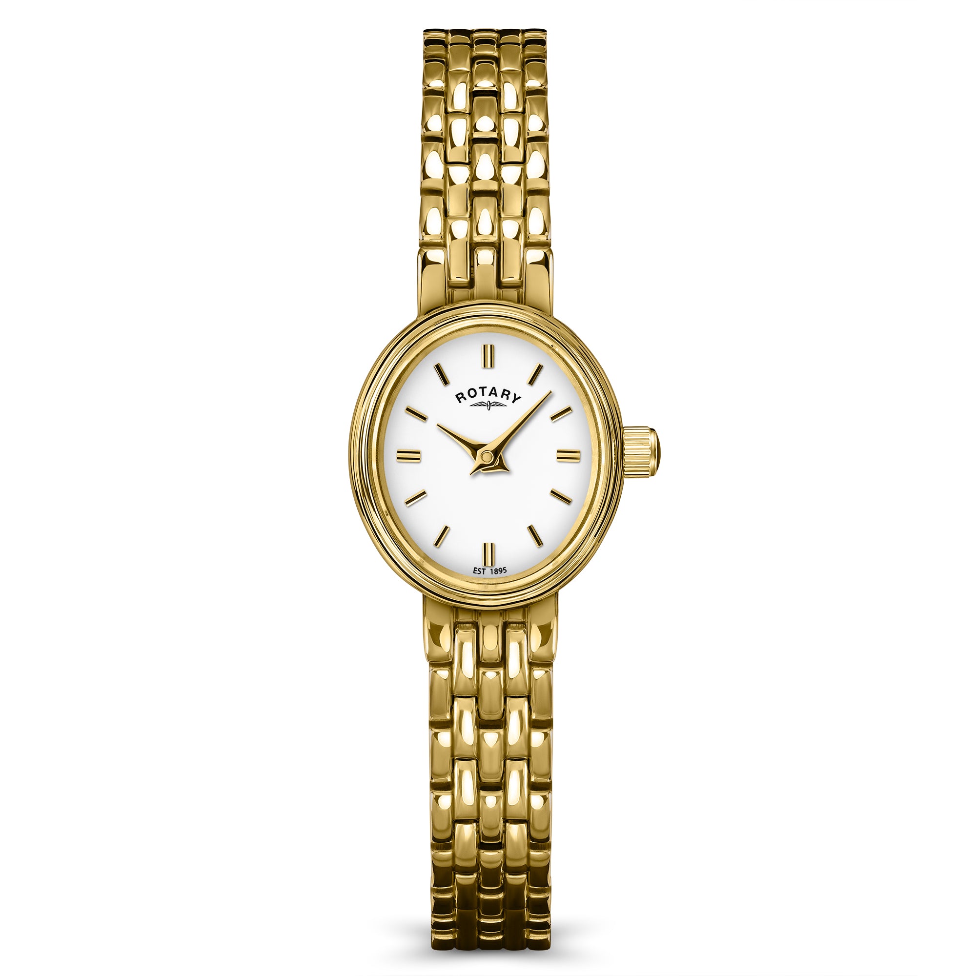 Gold Rotary wristwatch with white dial on a white background
