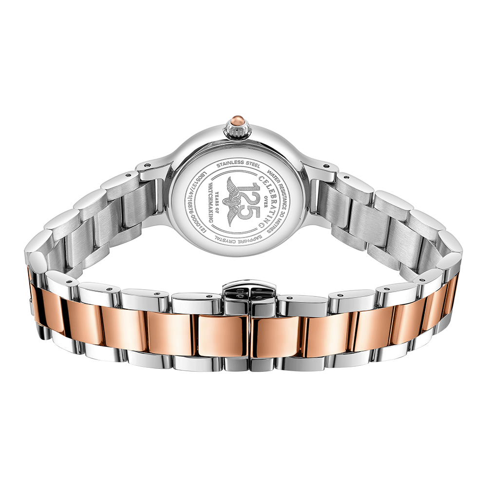 Rotary ladies watch with a two-tone rose gold and stainless steel case and bracelet.