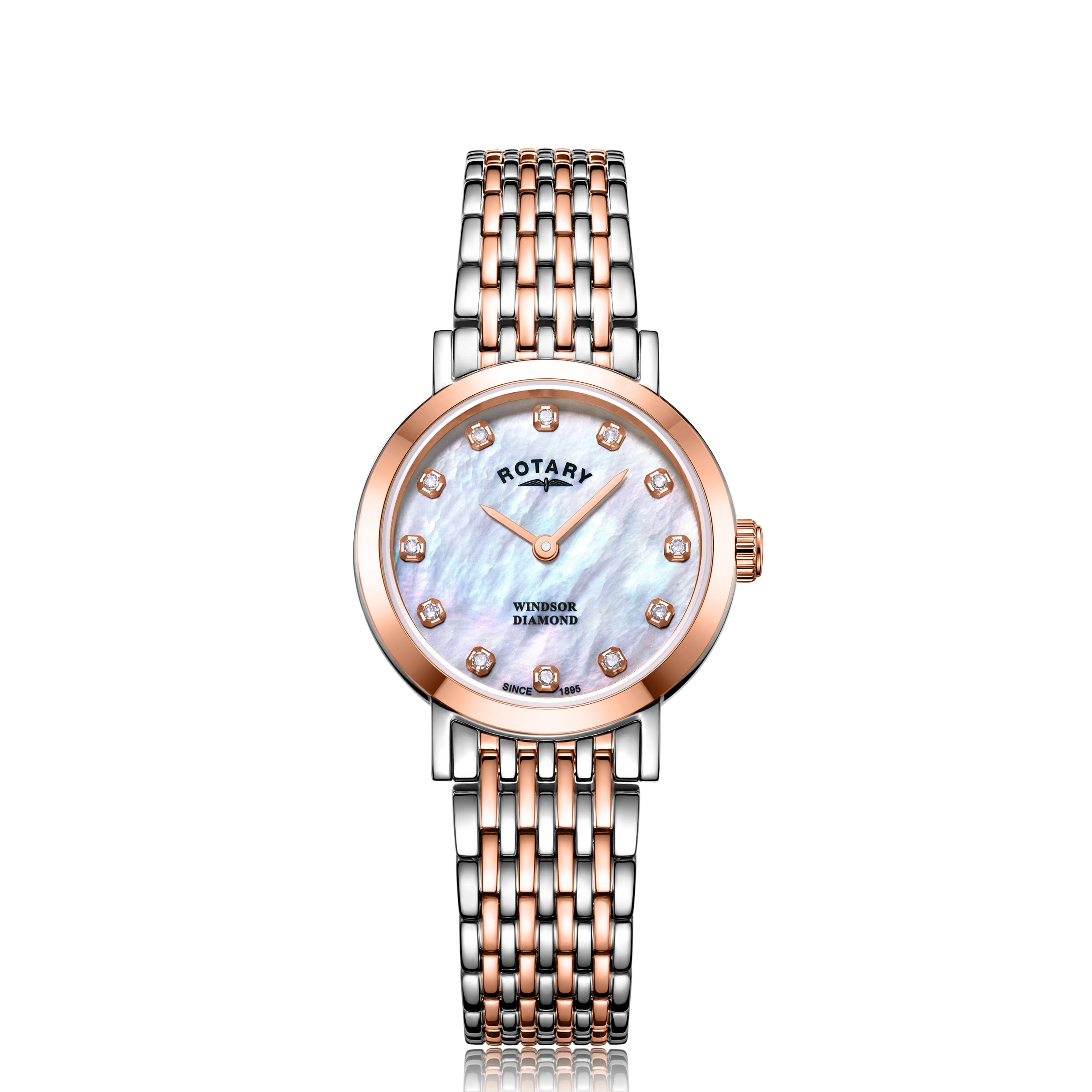 Rotary ladies watch in two-tone stainless steel and rose gold and a mother of pearl dial. The watch also features diamond indices