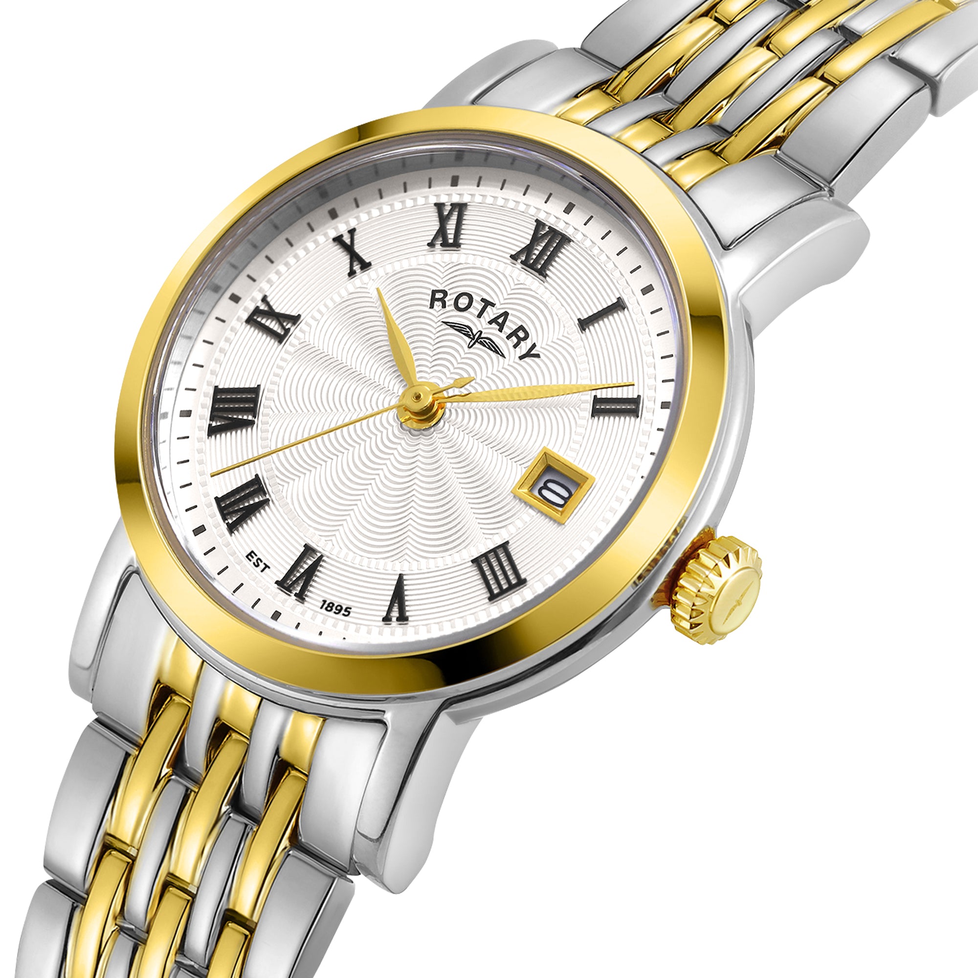 Rotary watch with two-tone gold and silver bracelet on a white background
