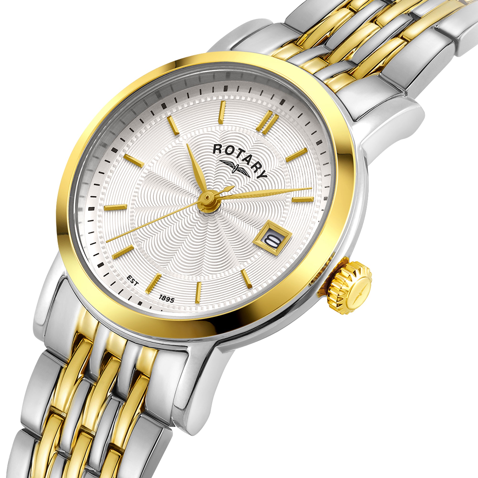 Rotary watch with gold and silver metal band on a white background