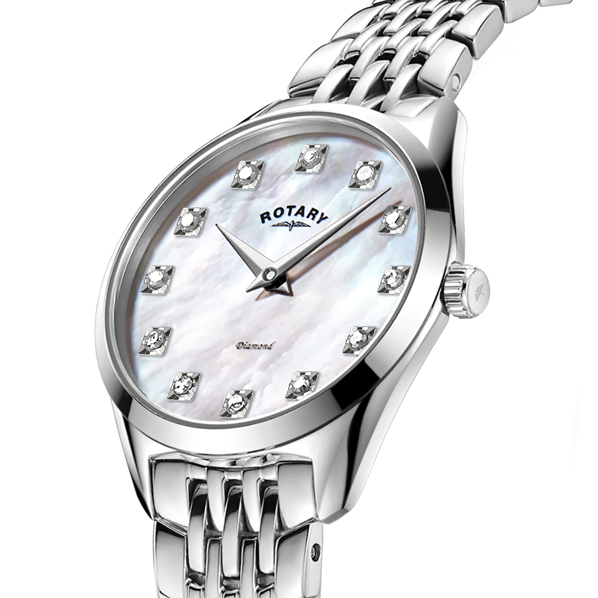 Silver rotary ultra slim watch with diamond accents on a white background