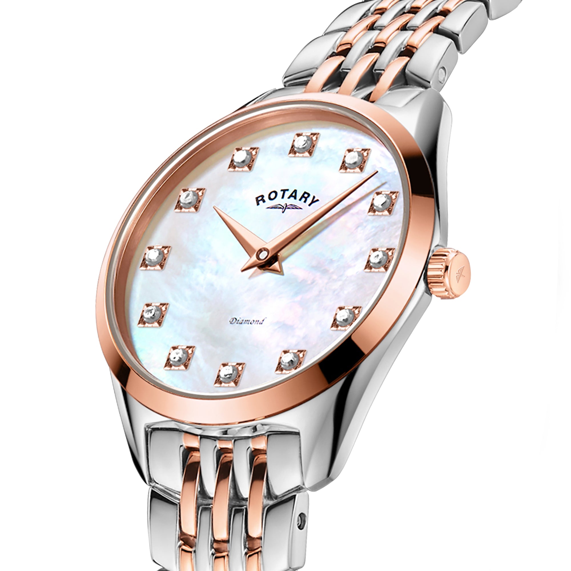 Rotary watch with silver and rose gold band on a white background