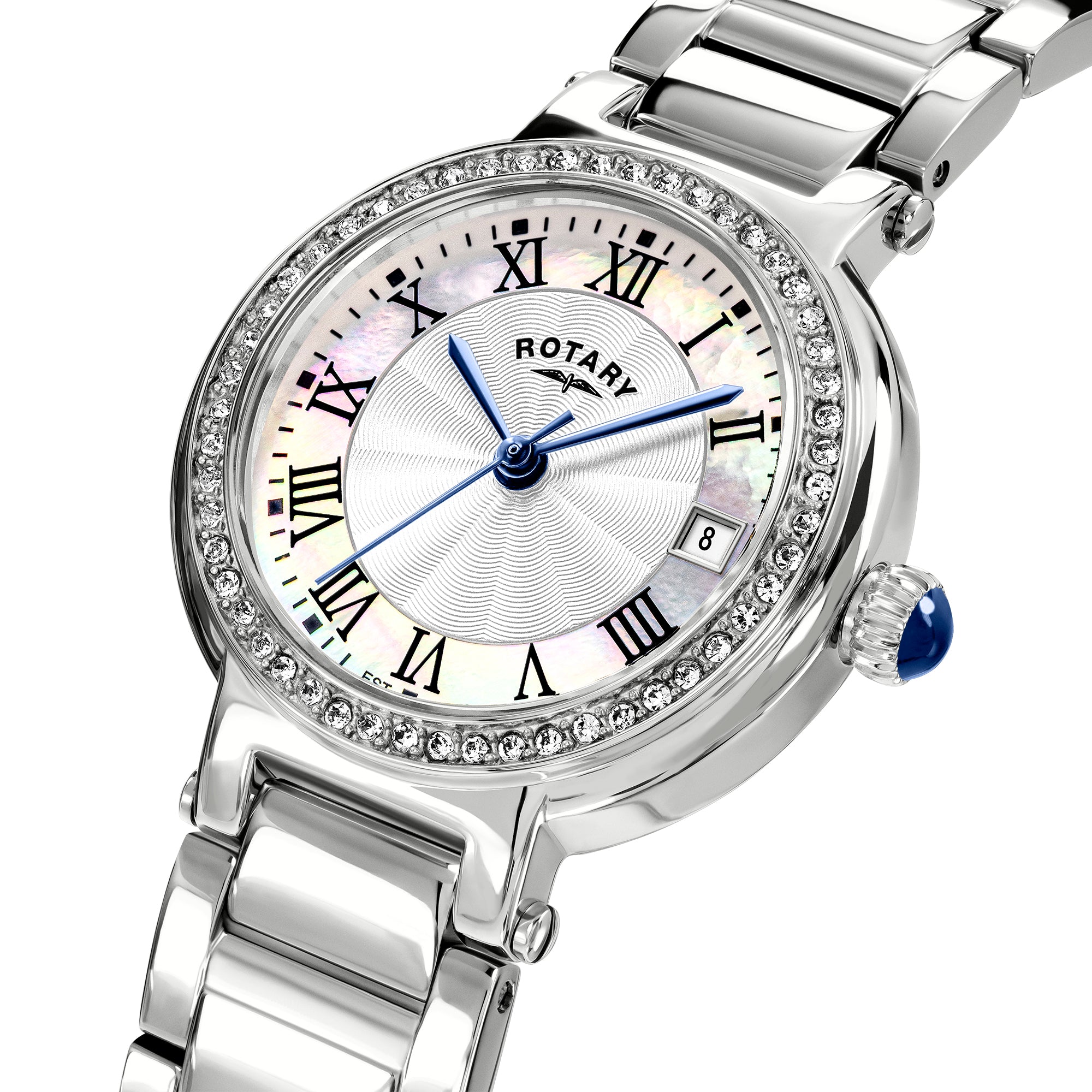 Silver Rotary wristwatch with gemstone accents on a white background