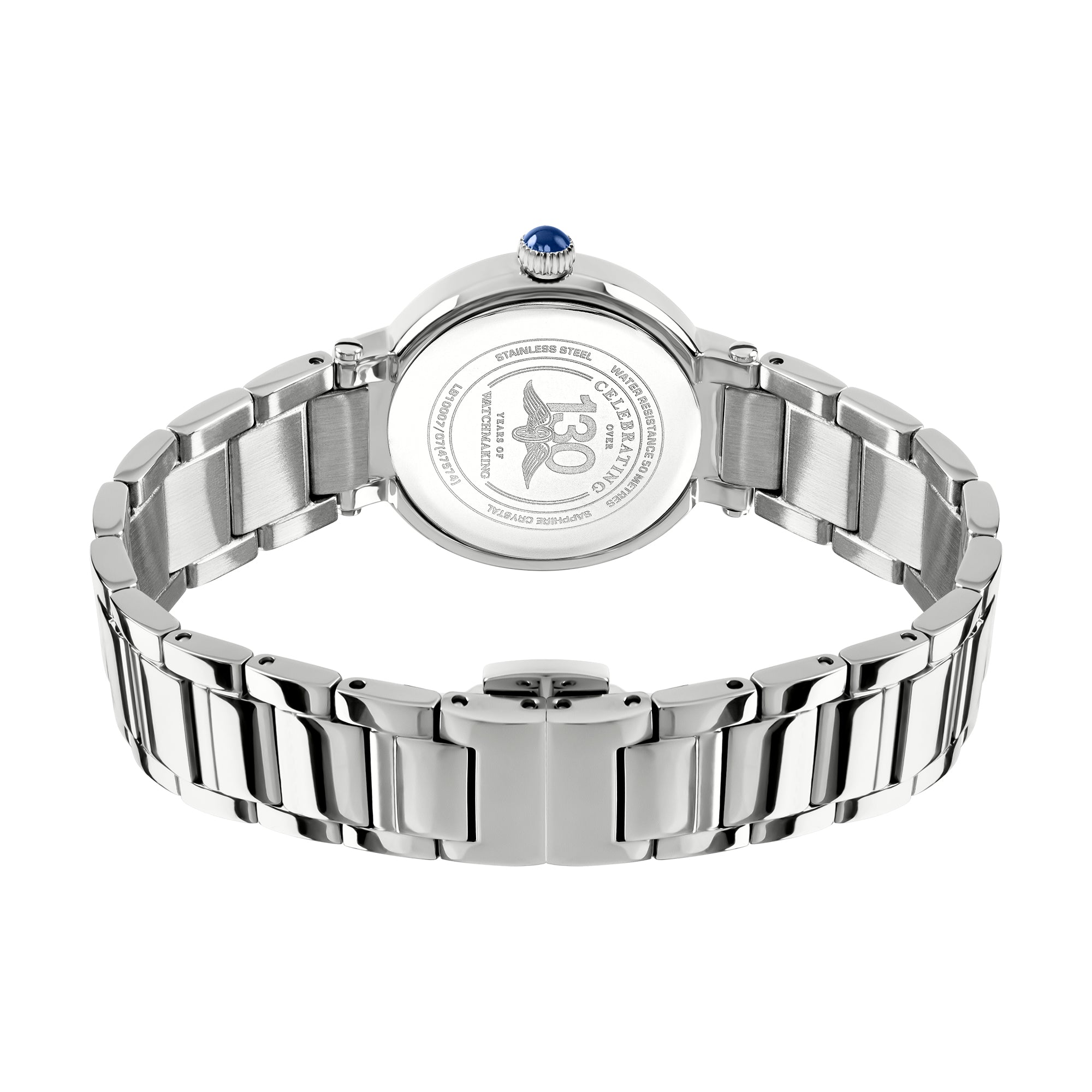 Silver Rotary watch with a detailed back design on a white background