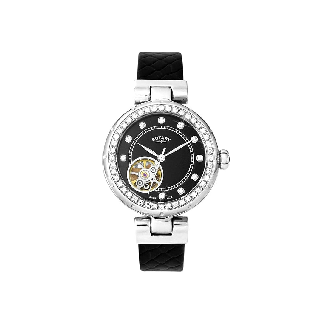 rotary ladies watch stainless steel case with black leather strap