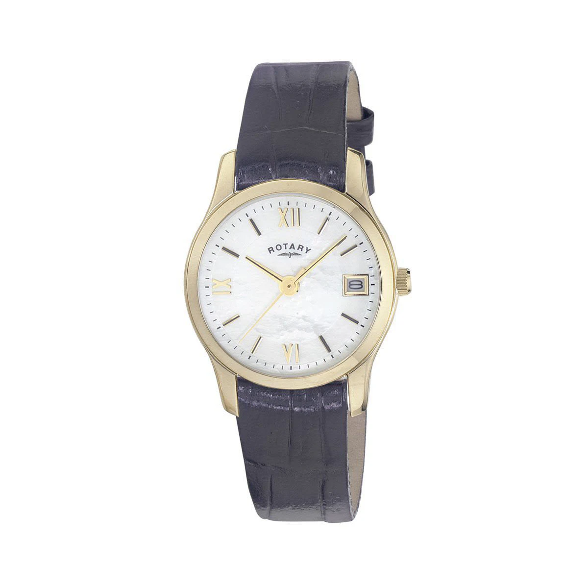 Rotary watch with gold case and dark blue leather strap on a white background
