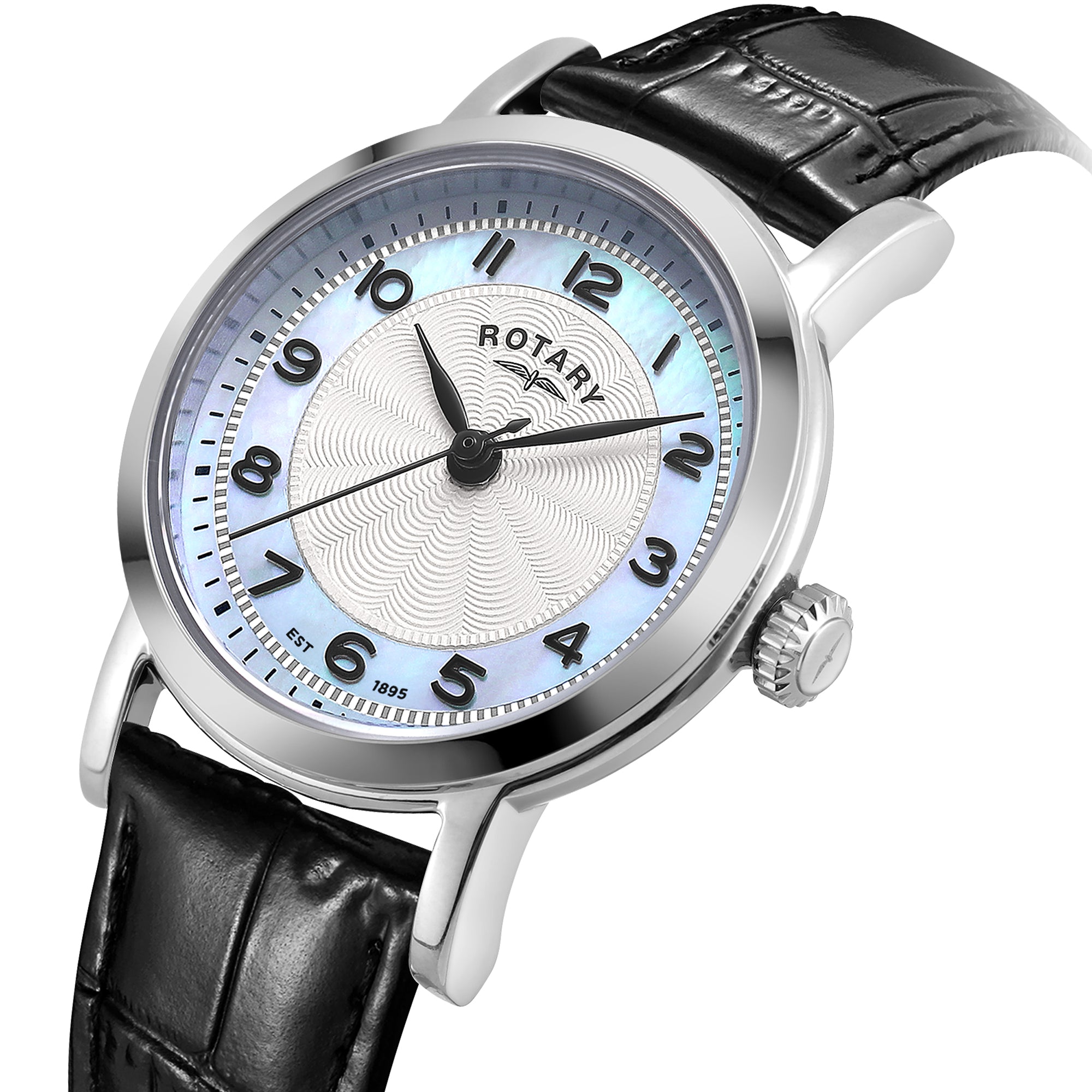 Rotary watch with black leather strap and silver case on a white background