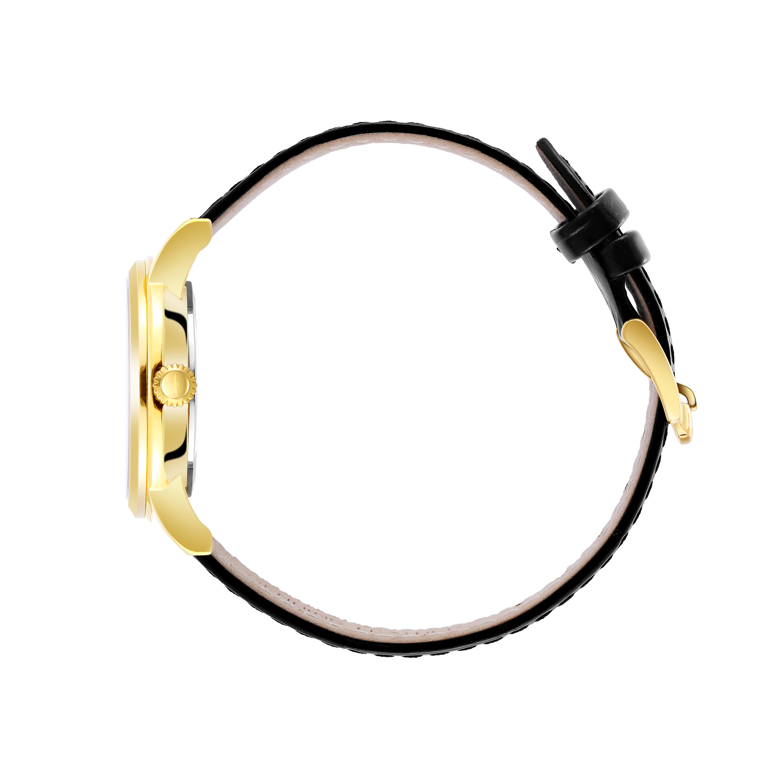 Rotary ladies gold watch with black leather strap and white guilloche dial