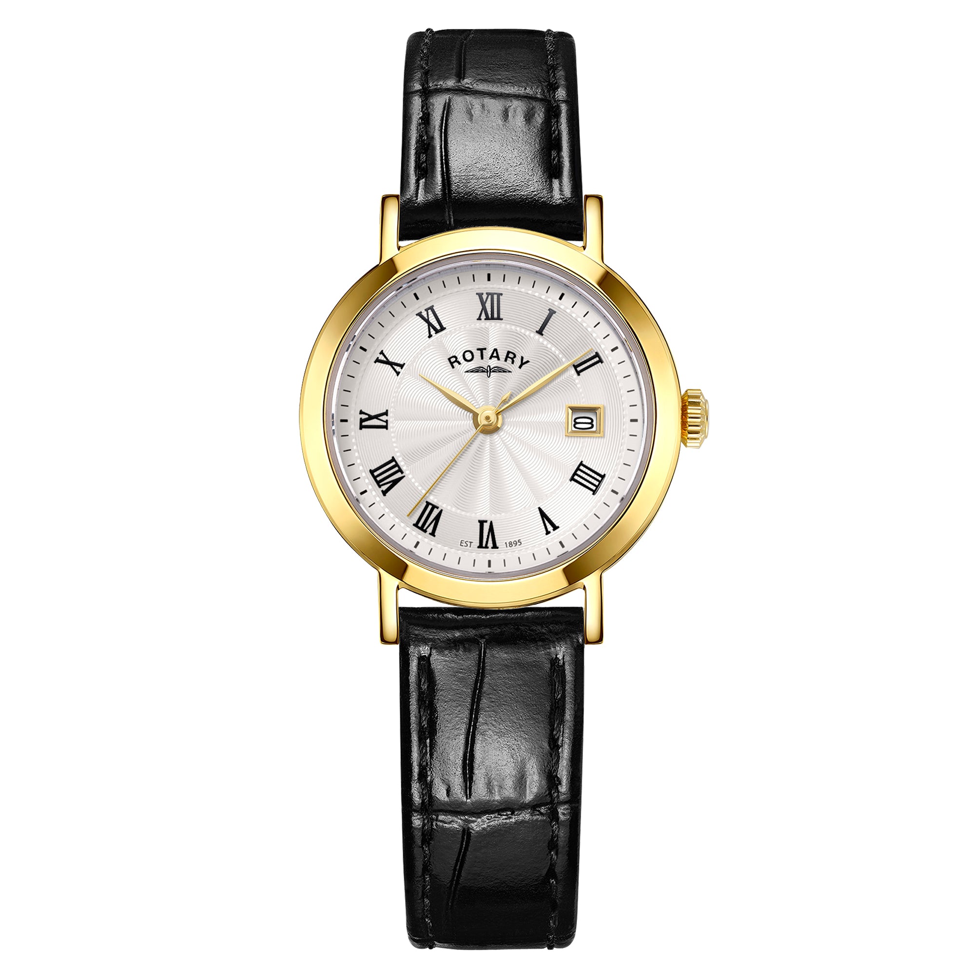 Rotary watch with black leather strap and gold case on a white background