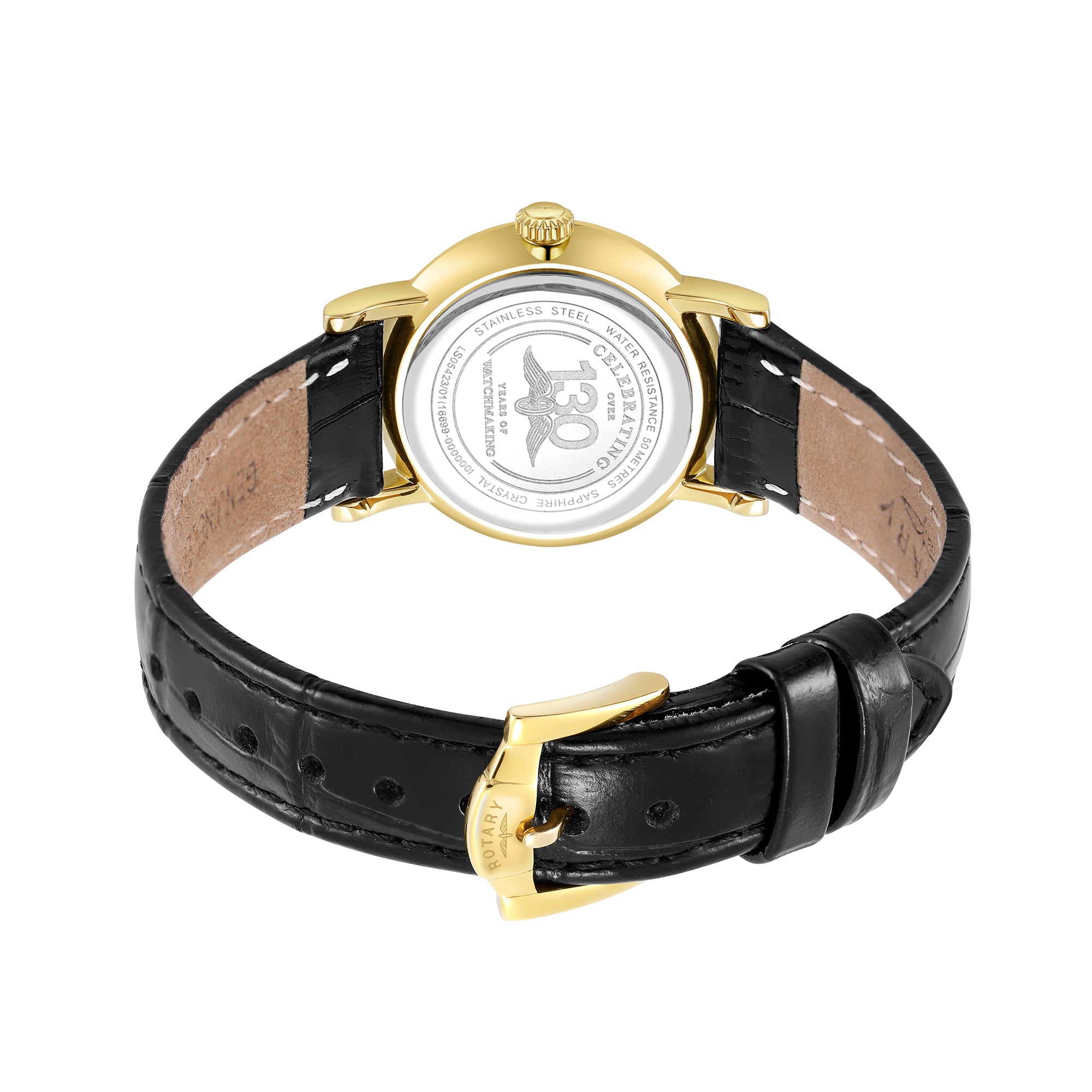 Rotary Watch with black leather strap and gold casing on a white background