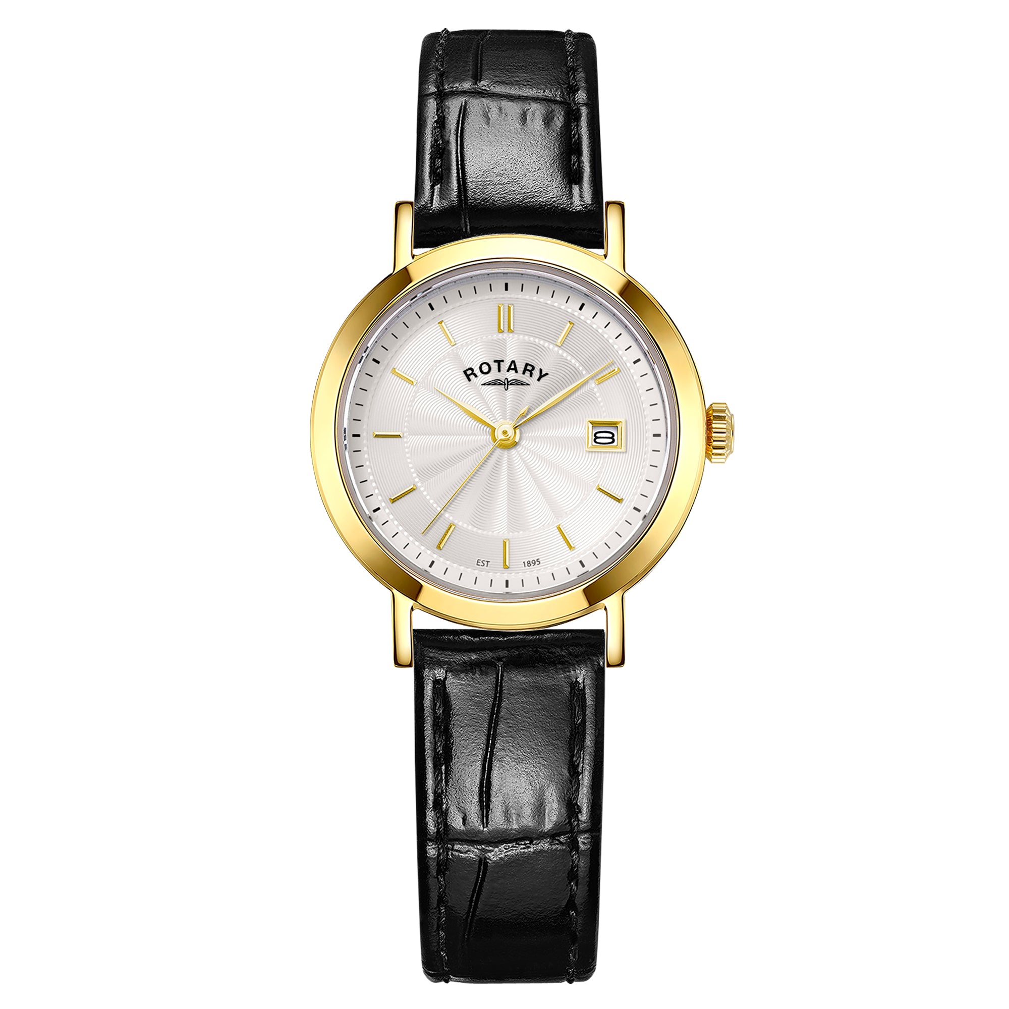 Rotary watch with black leather strap and gold case on white background
