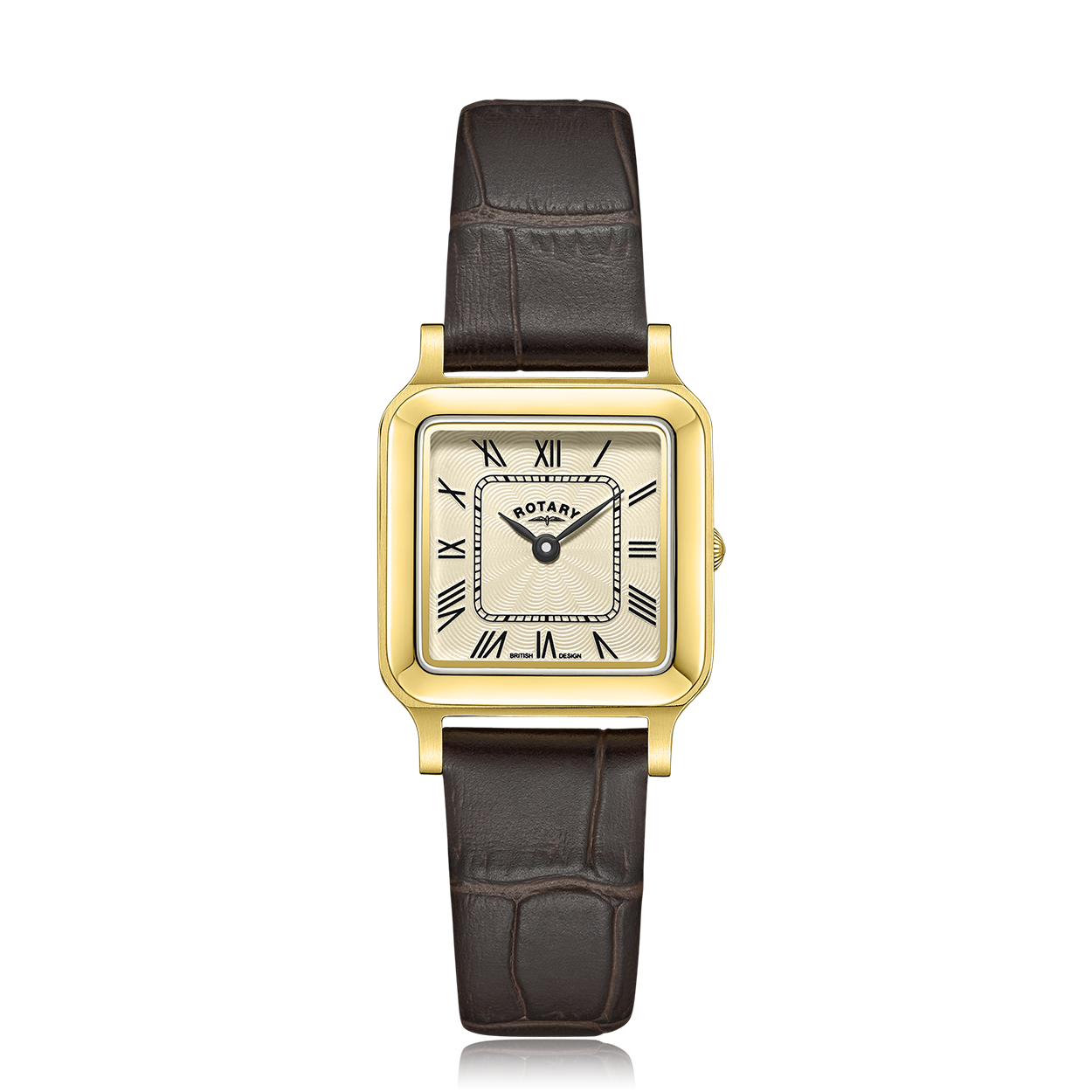 Ladies rotary watch with a gold case and brown strap. The watch dial is a champagne guilloche pattern and has two black hands in a classical style, completed with black roman numerals