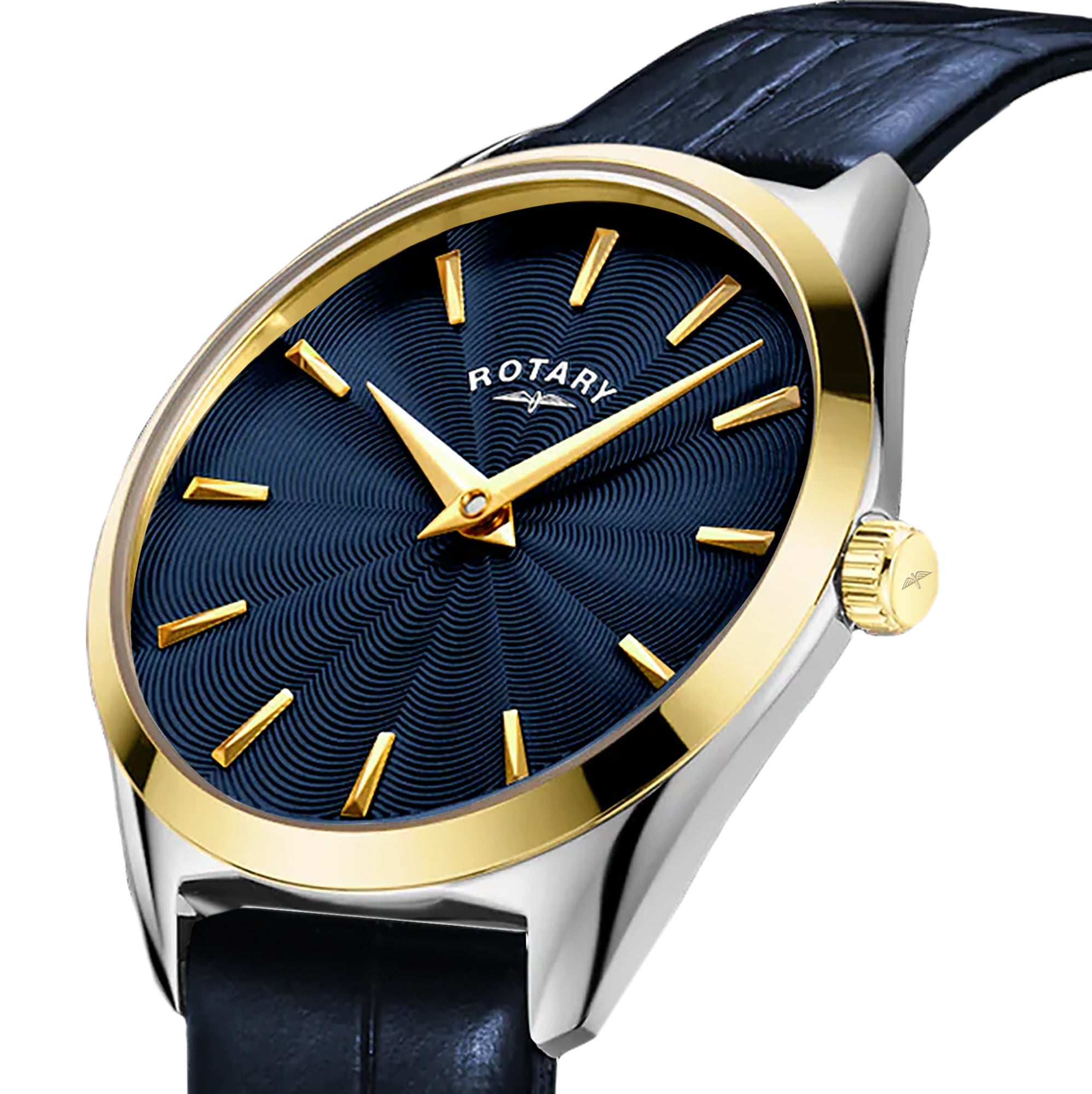 Rotary Ultra Slim watch with blue face, gold accents, and blue leather strap on a white background