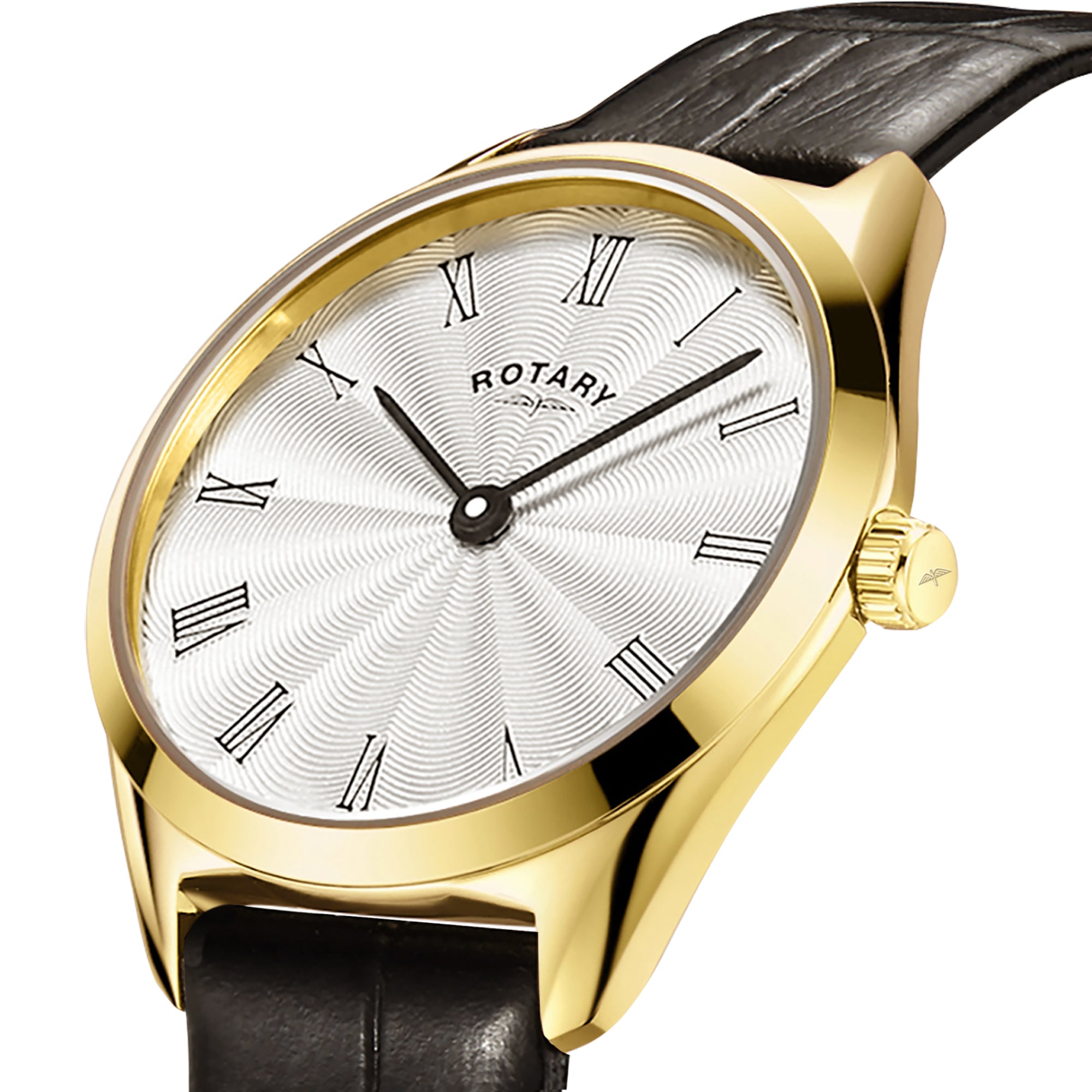 Gold Rotary wristwatch with black leather strap and white face featuring Roman numerals on a white background.