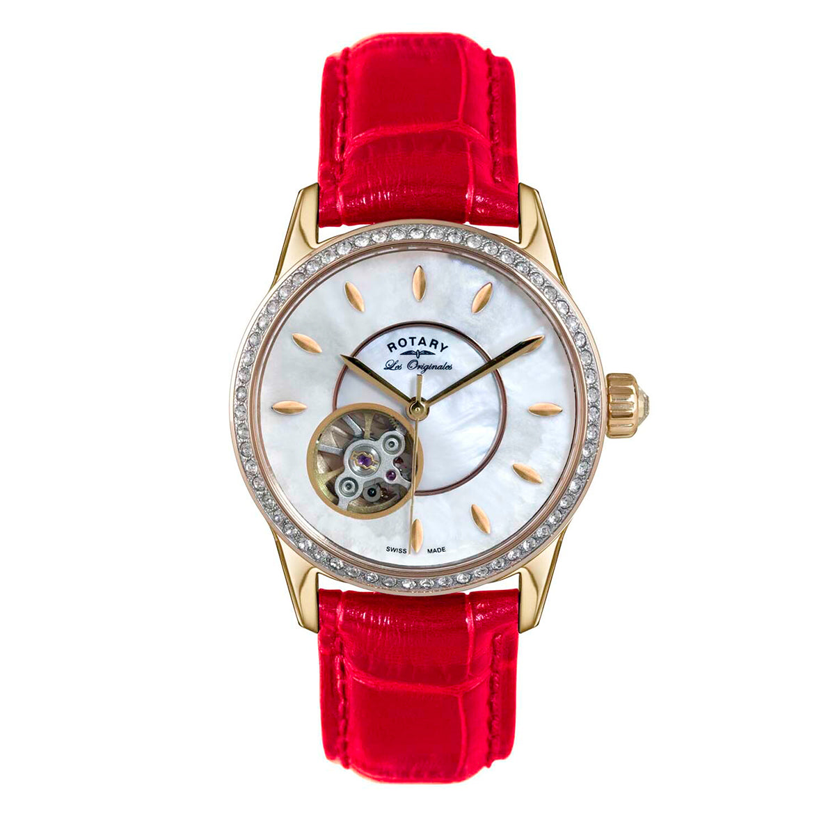 Rotary ladies gold watch with a red leather strap