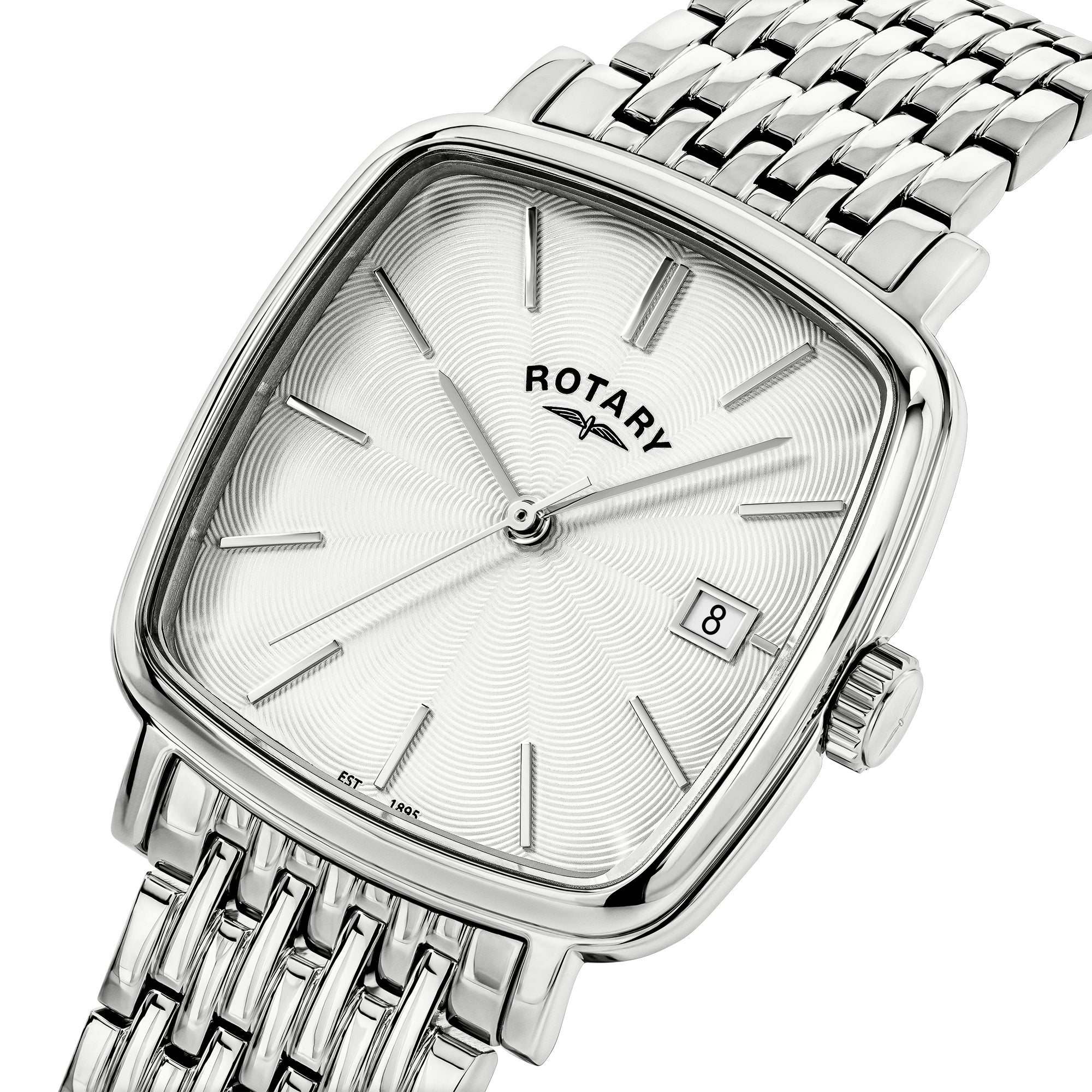 Silver rotary watch with a white face on a white background