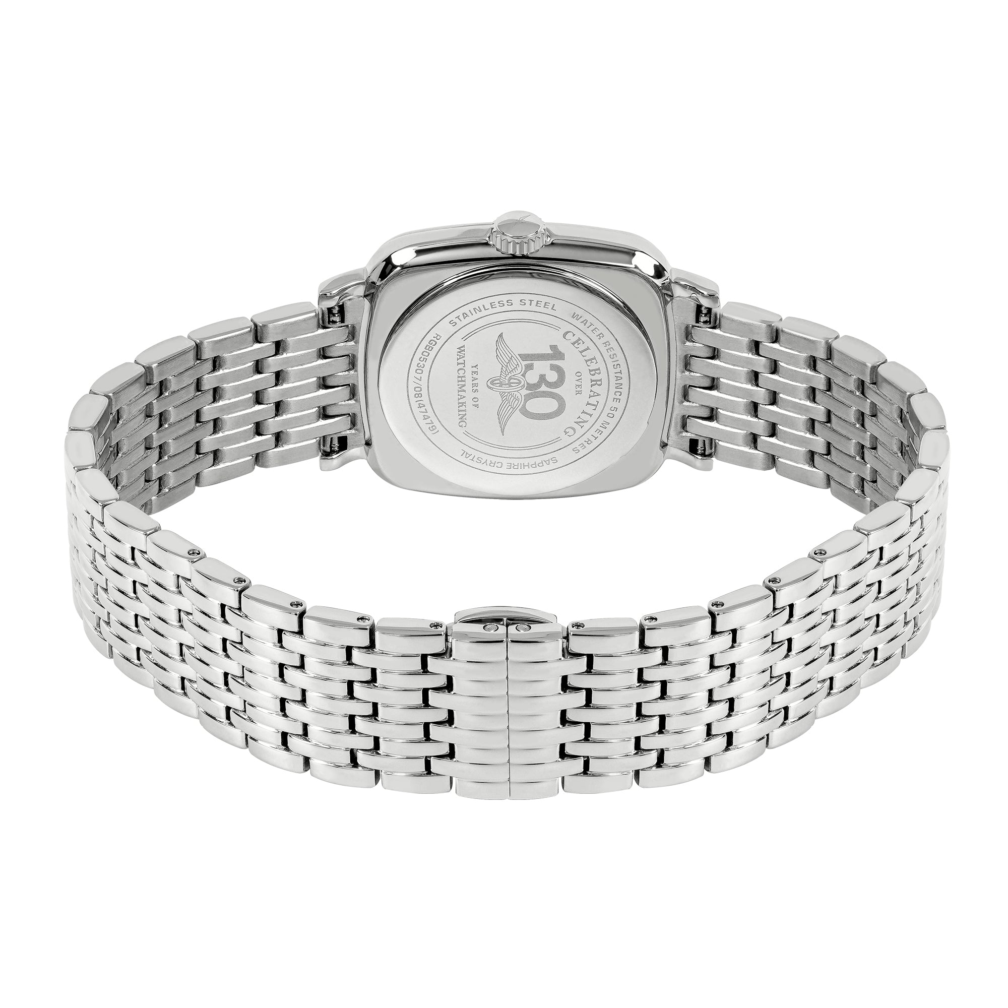 Silver rotary watch with a detailed face on a white background