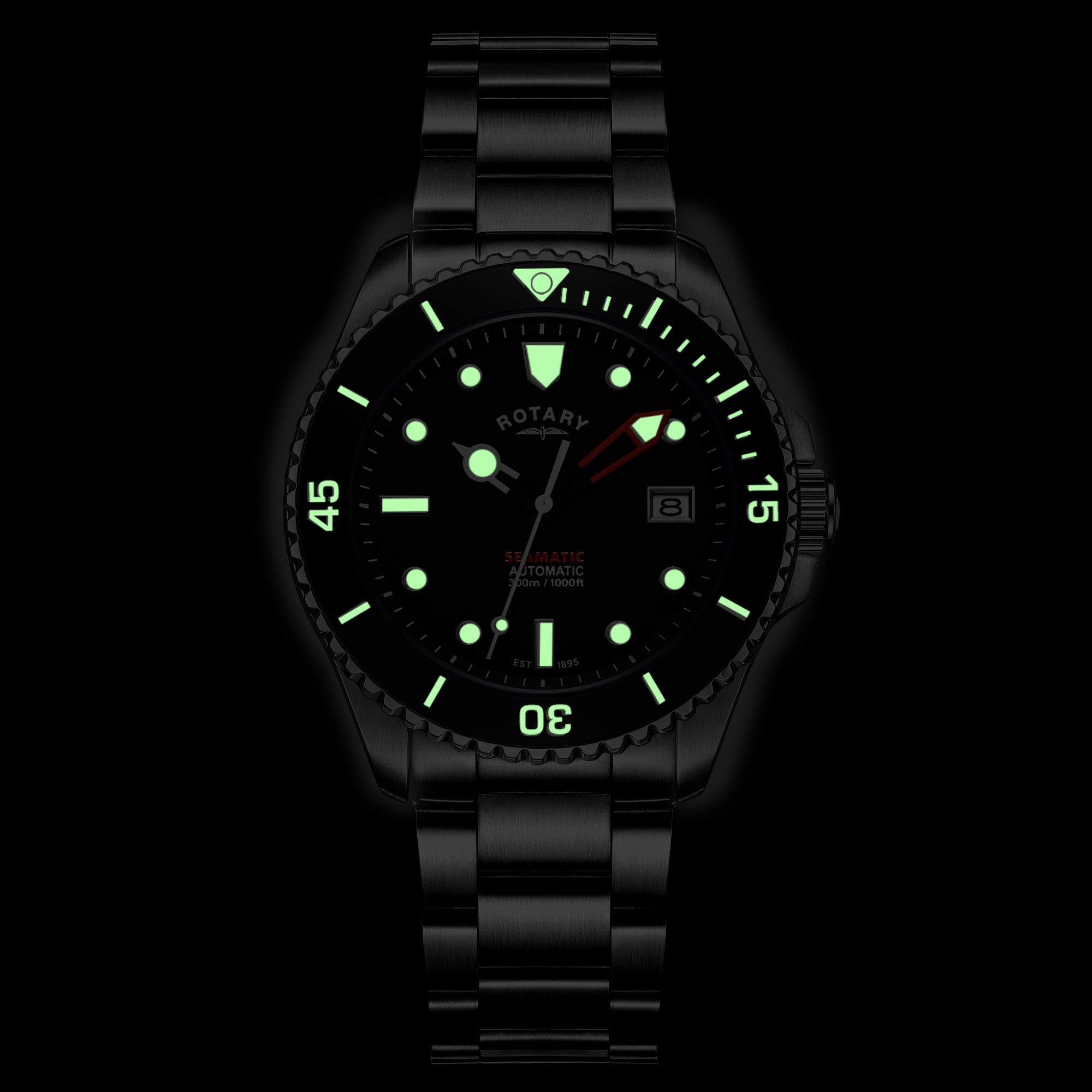 Rotary wristwatch with green glow-in-the-dark features on a black background
