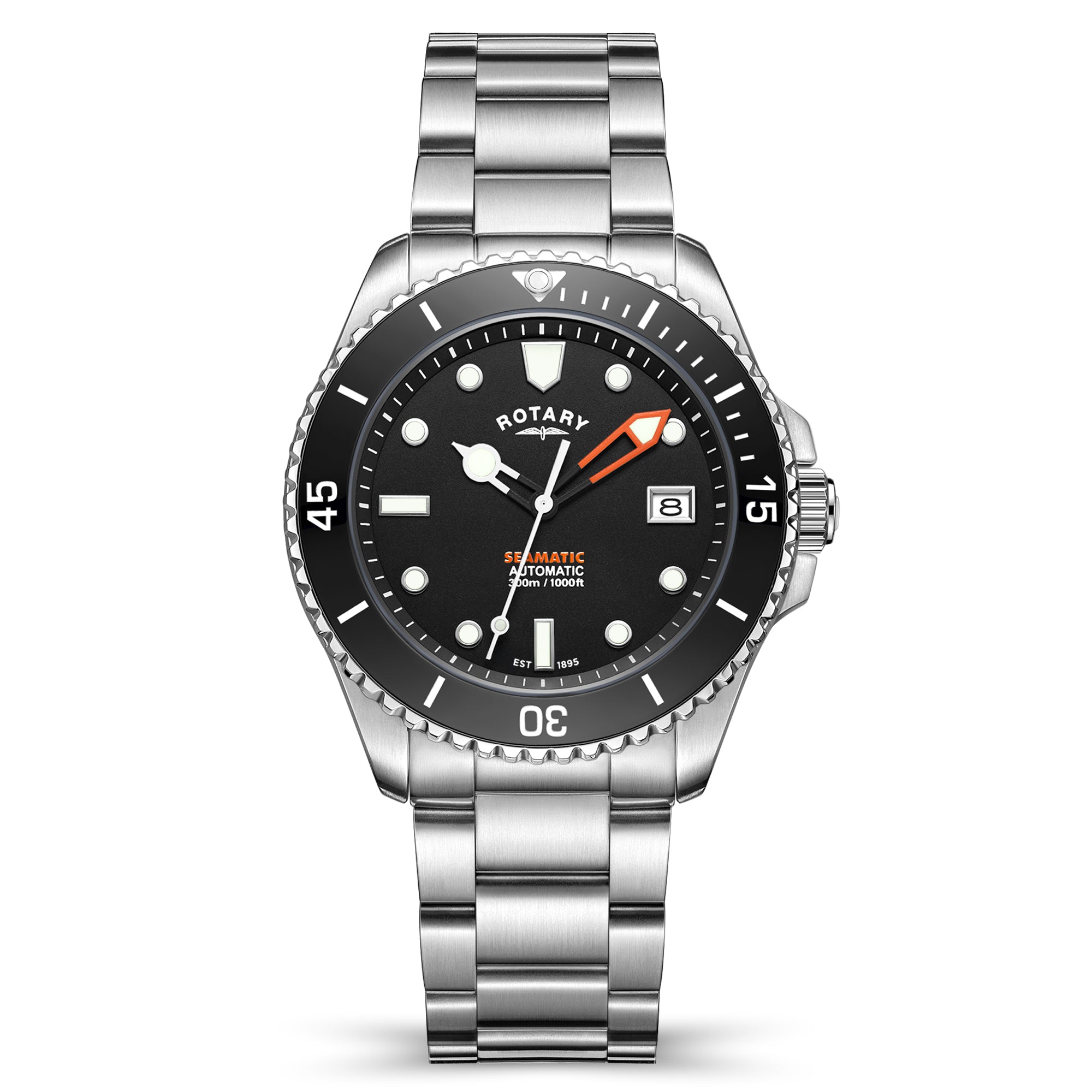 Rotary watch with black dial and silver metal strap on a white background