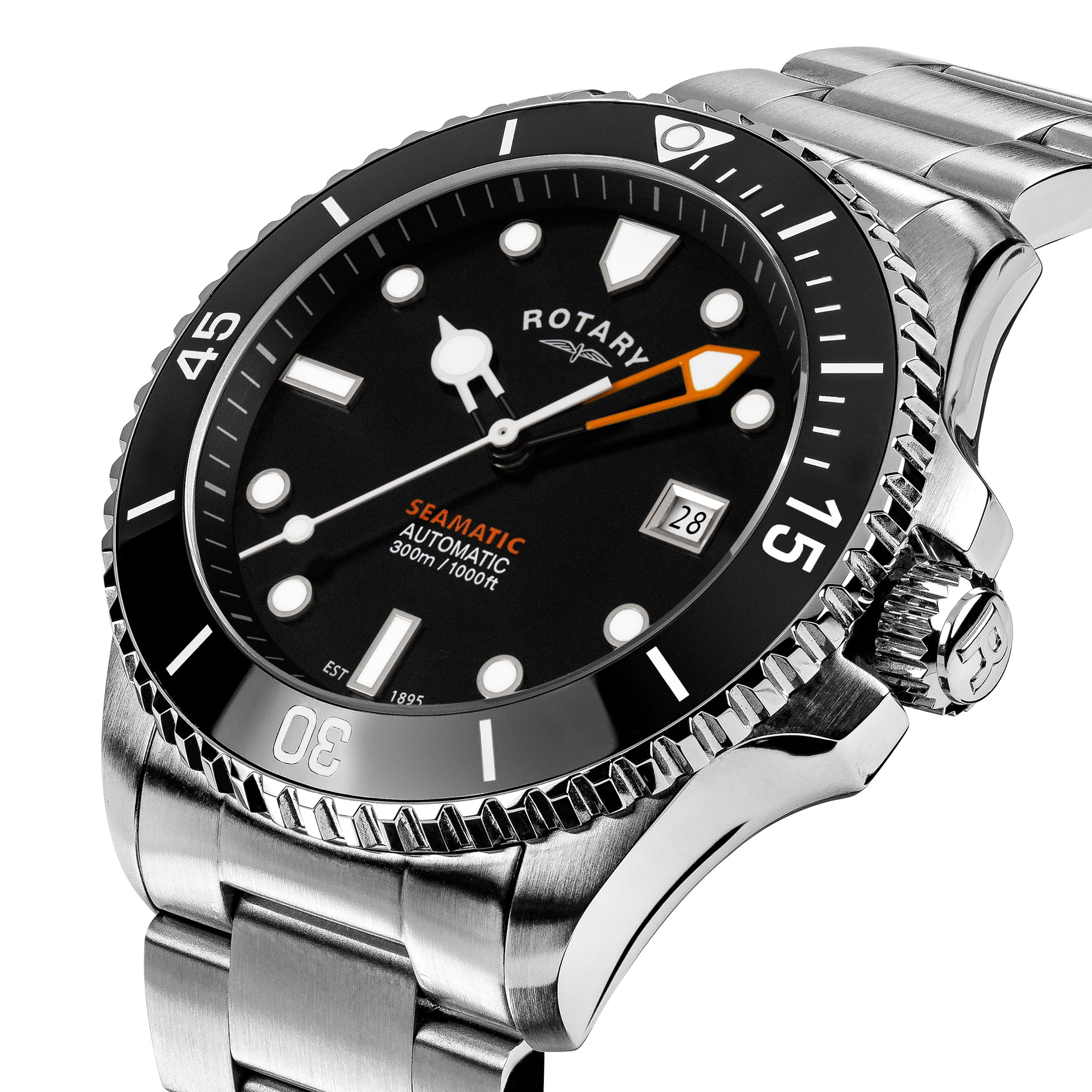 Rotary Seamatic watch with black dial and silver metal strap on a white background