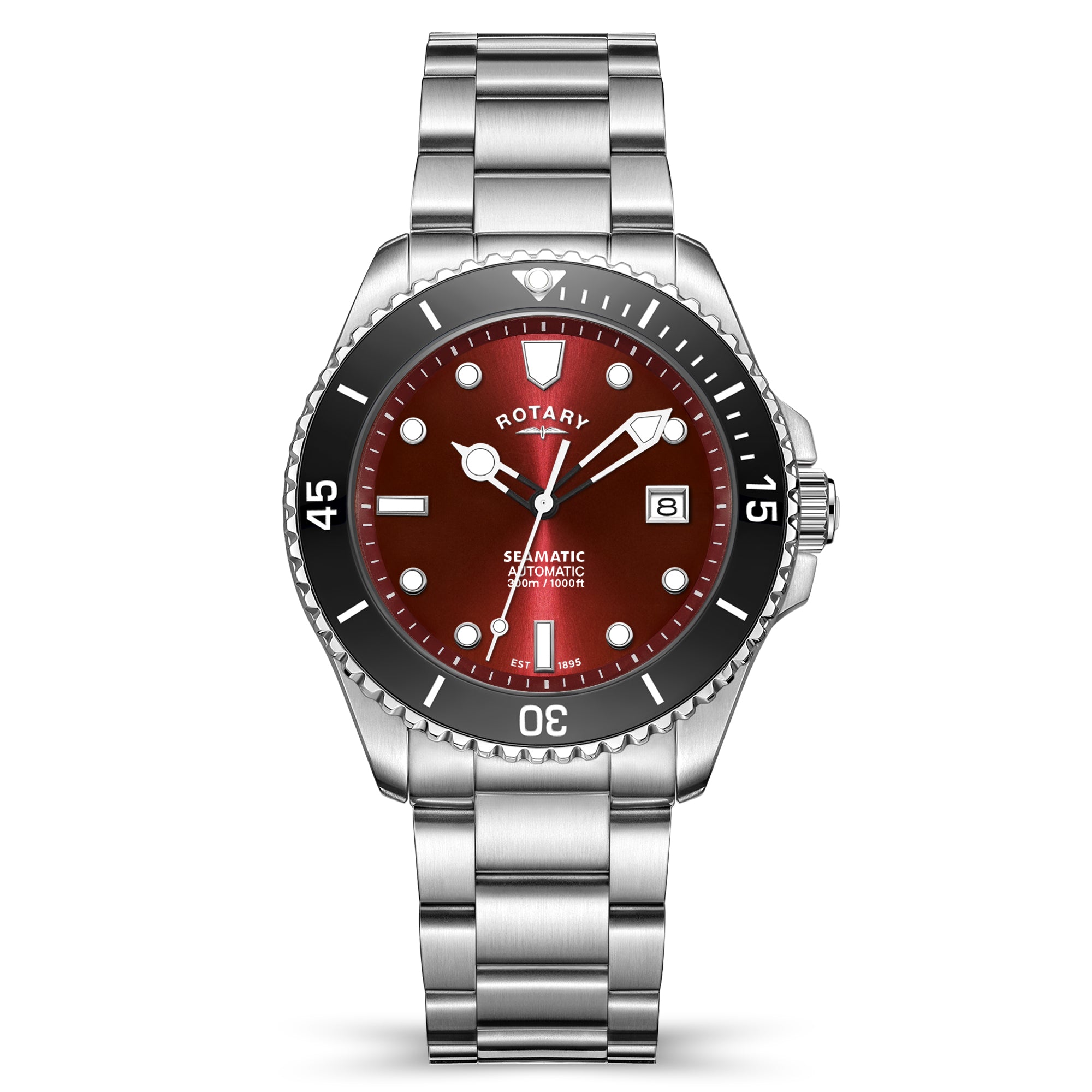 Rotary watch with a silver bracelet and red dial on a white background