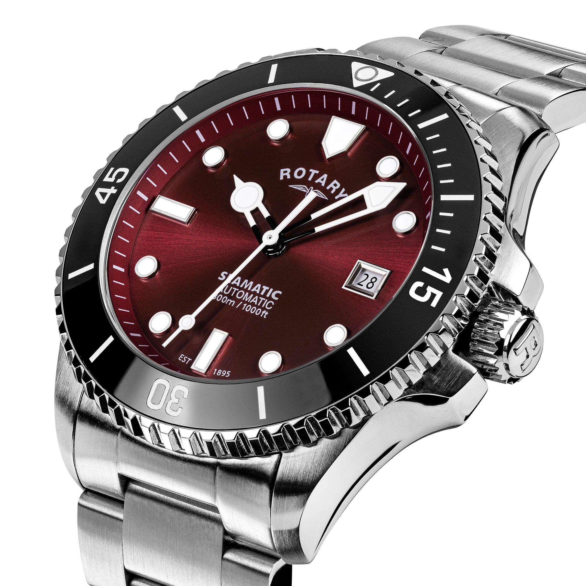 Rotary Seamatic watch with a red face and silver case on a white background